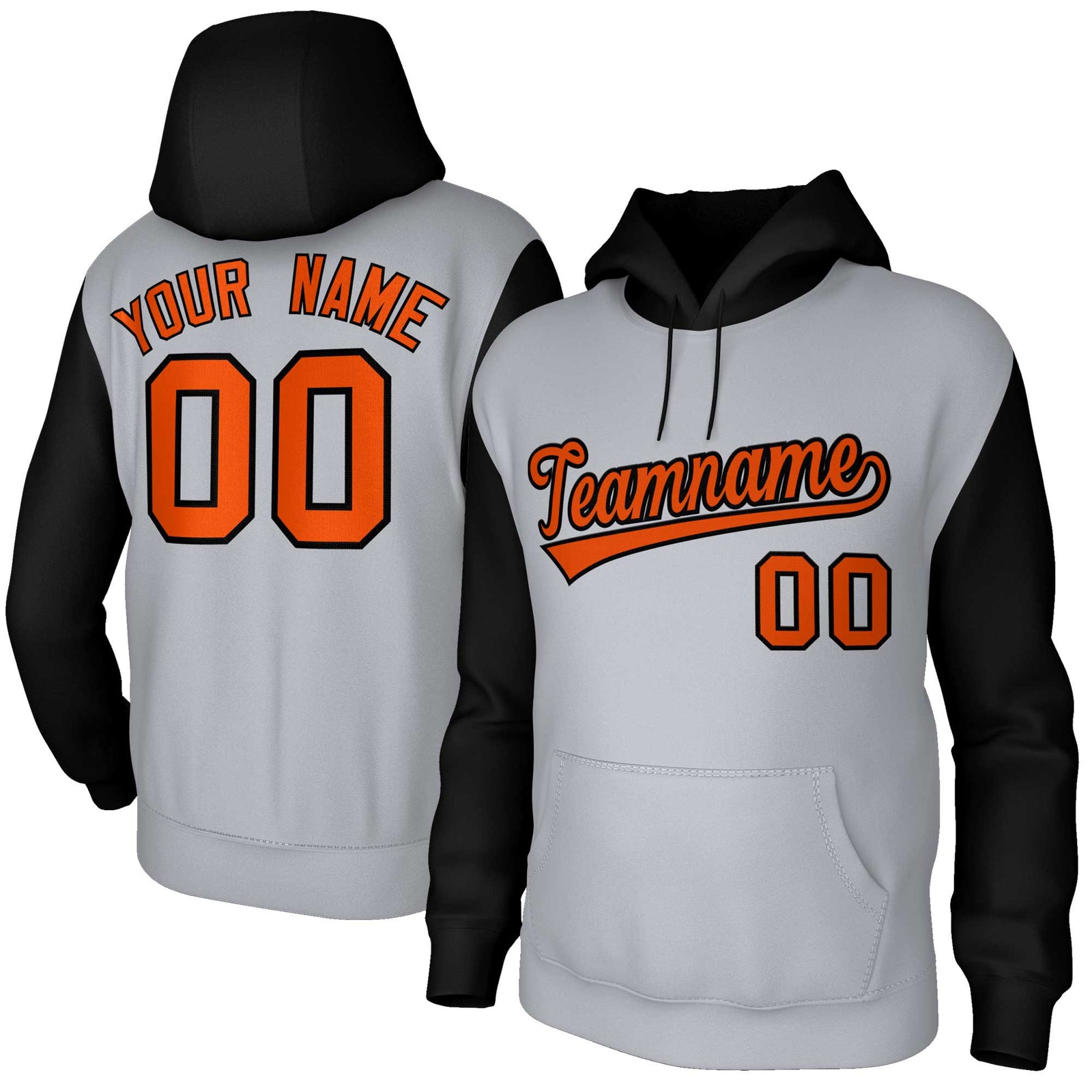 Custom Gray Orange-Black Raglan Sleeves Stitched Sportwear Pullover Hoodie