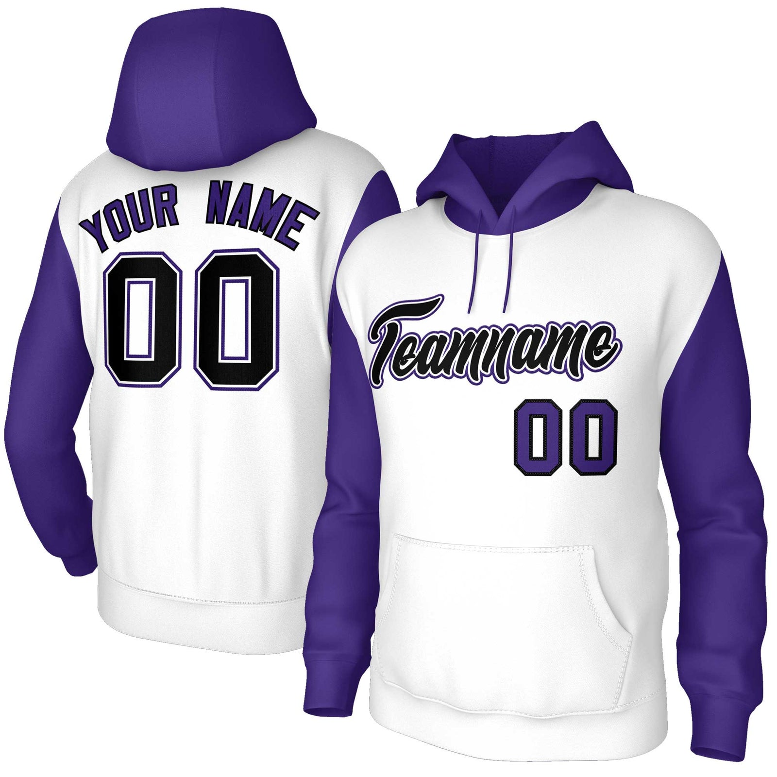 Custom White Black-White Raglan Sleeves Stitched Sportwear Pullover Hoodie
