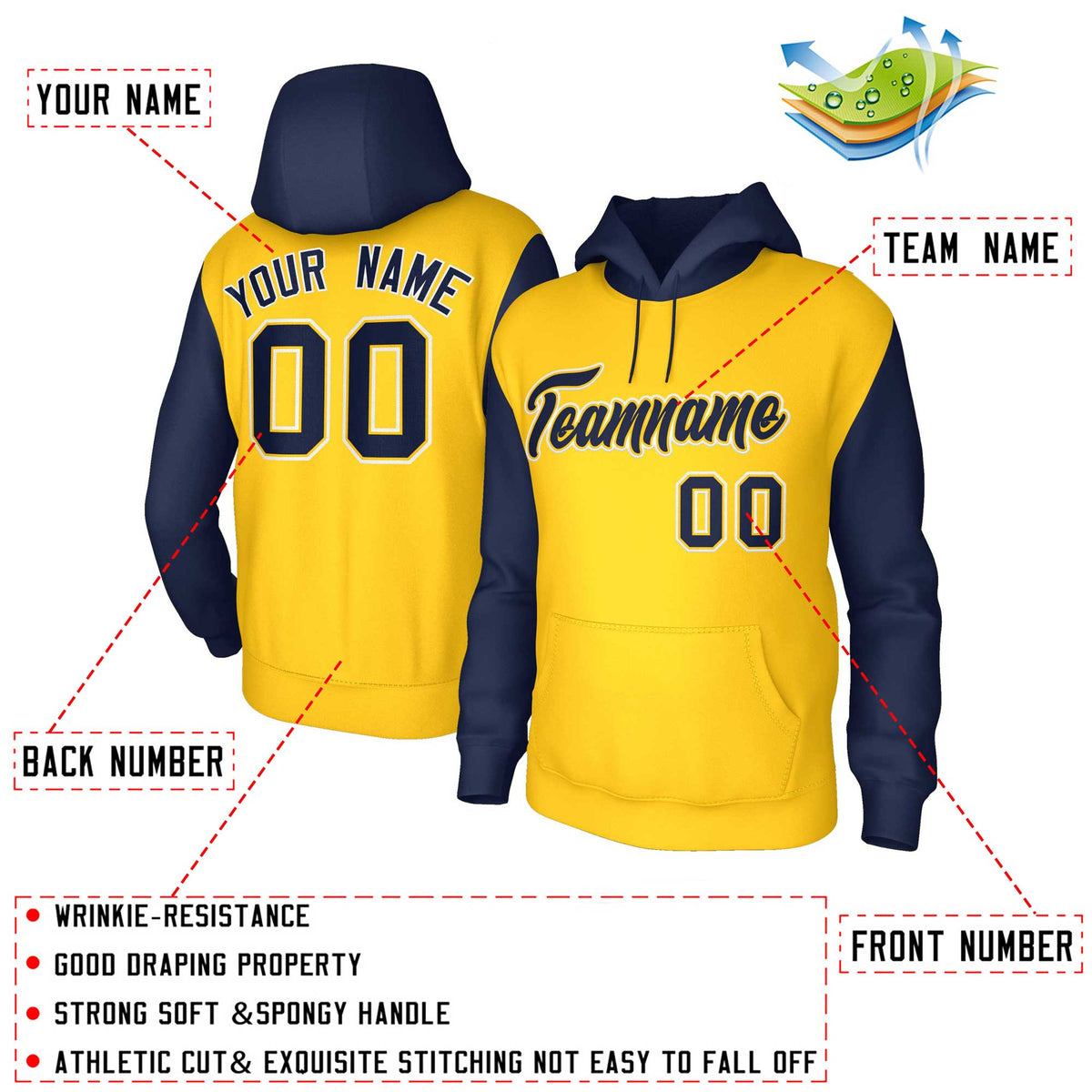 Custom Gold Navy-Gold Raglan Sleeves Stitched Sportwear Pullover Hoodie