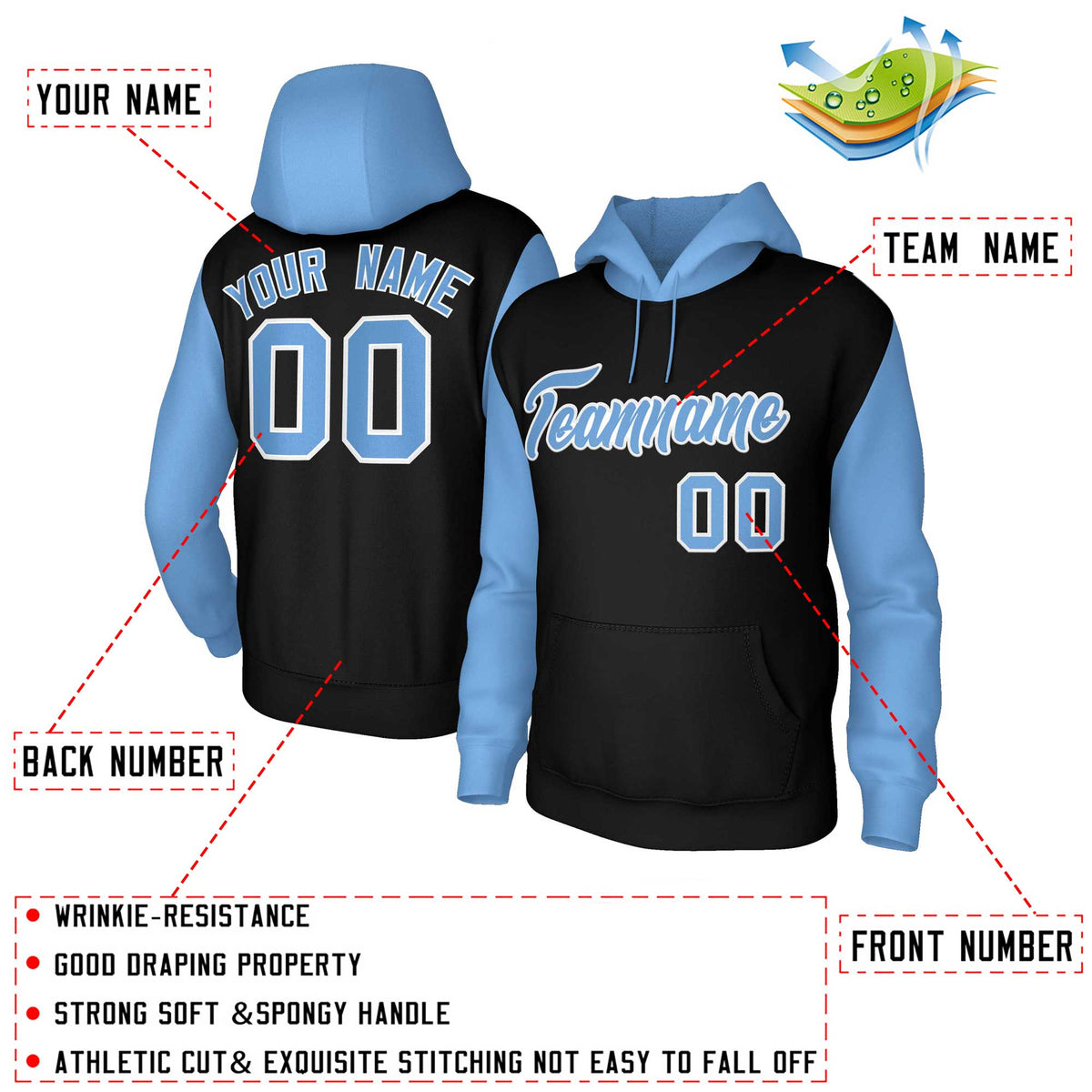 Custom Black Light Blue-White Raglan Sleeves Stitched Sportwear Pullover Hoodie