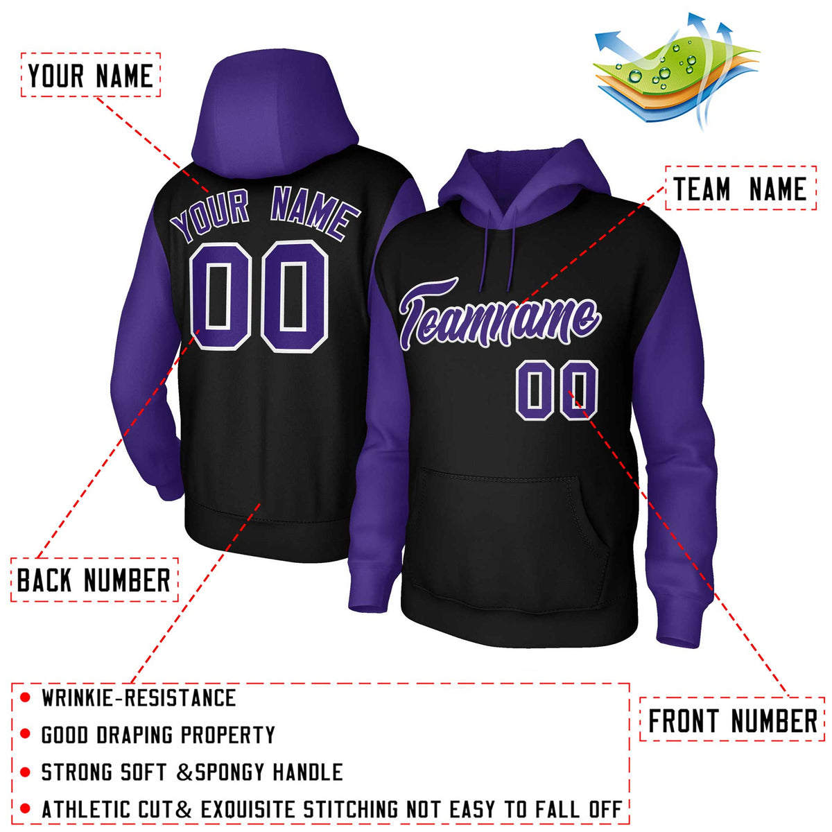 Custom Black Purple-White Raglan Sleeves Stitched Sportwear Pullover Hoodie