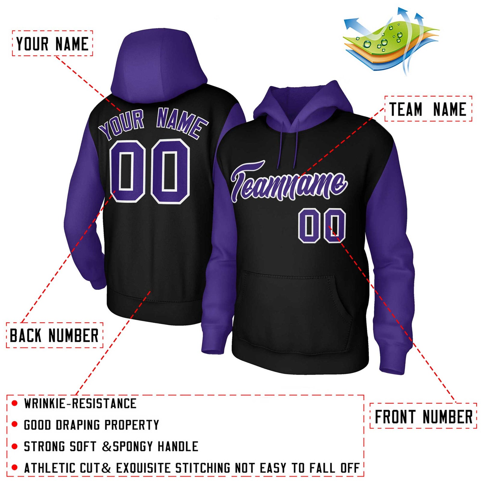Custom Black Purple-White Raglan Sleeves Stitched Sportwear Pullover Hoodie