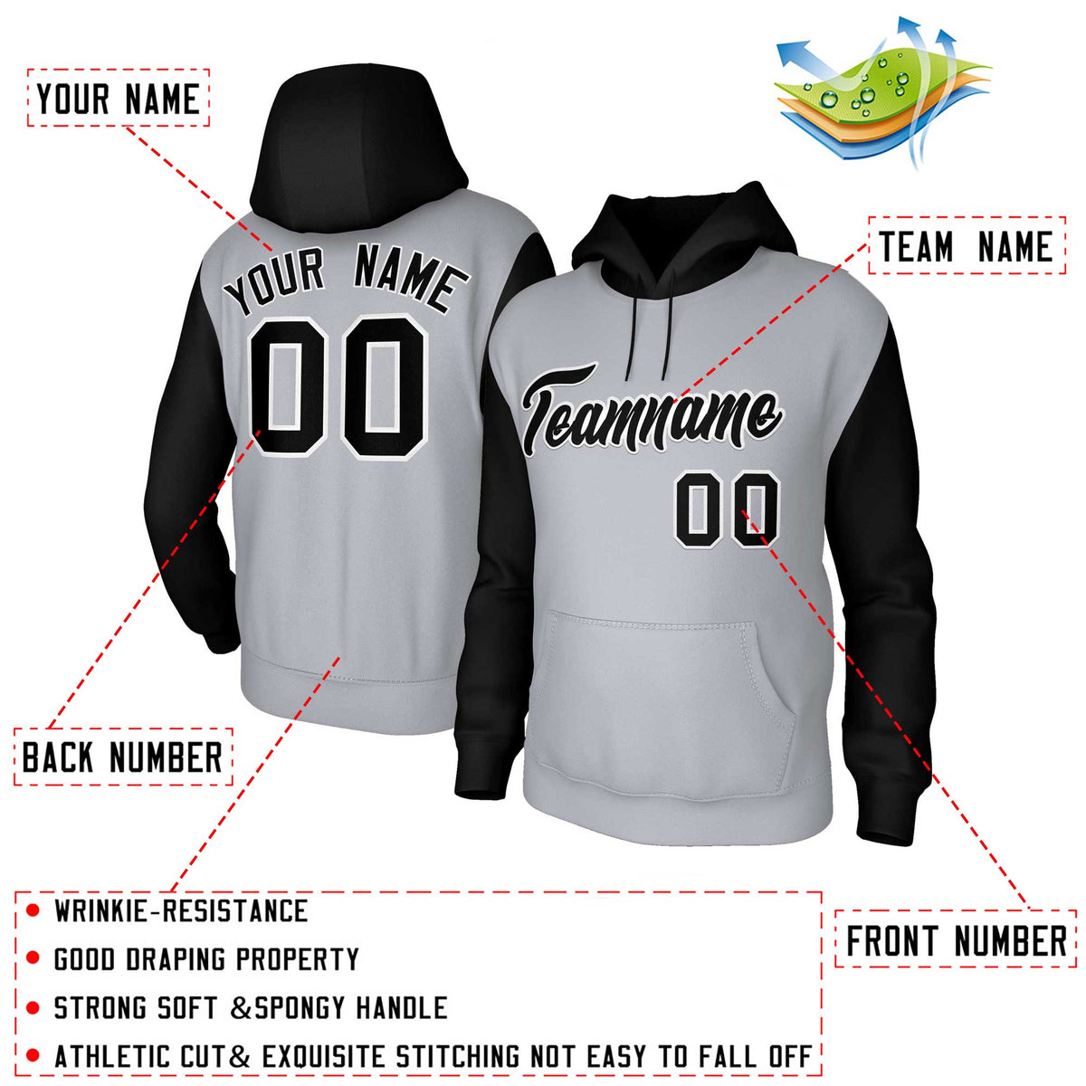 Custom Gray Black-White Raglan Sleeves Stitched Sportwear Pullover Hoodie