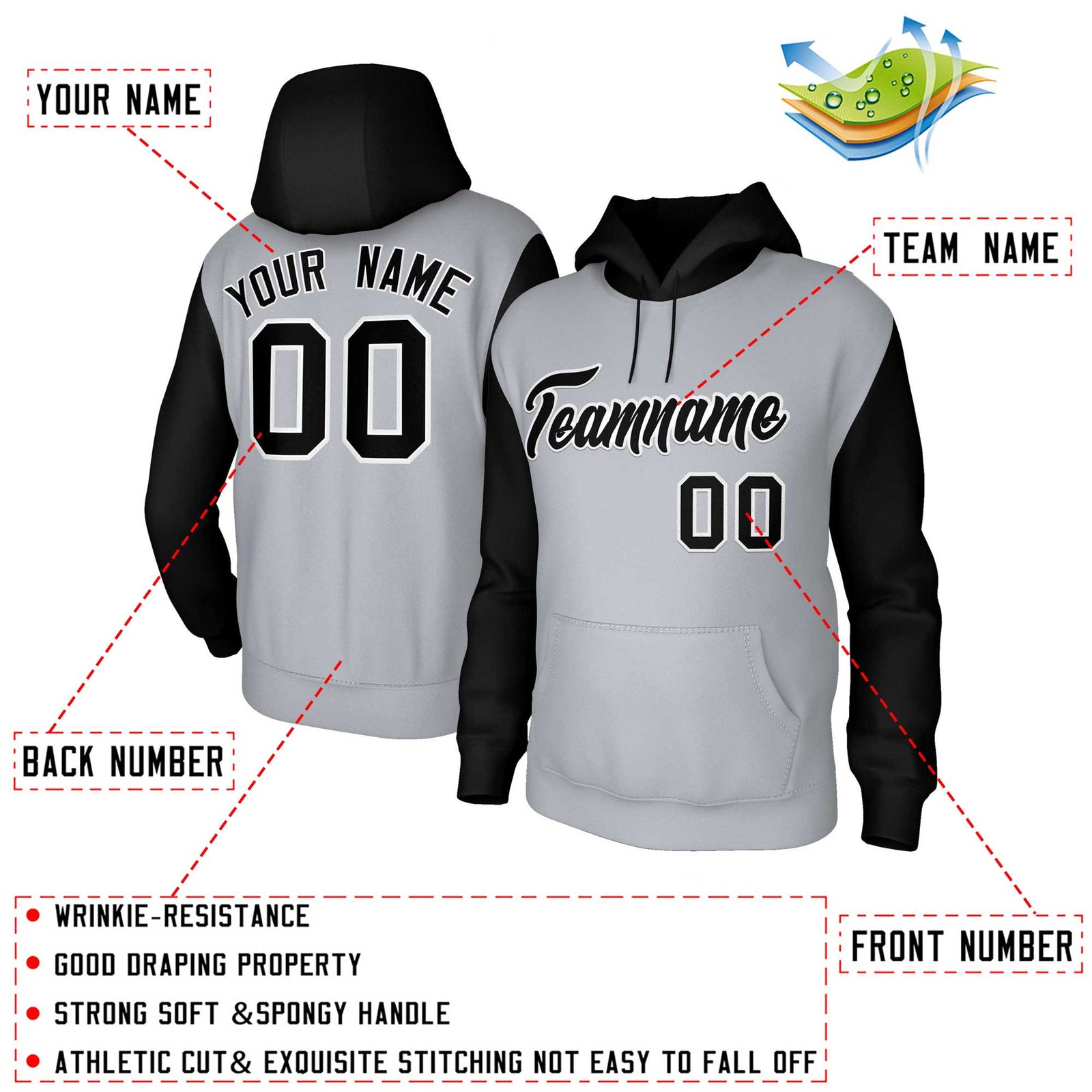 Custom Gray Black-White Raglan Sleeves Stitched Sportwear Pullover Hoodie