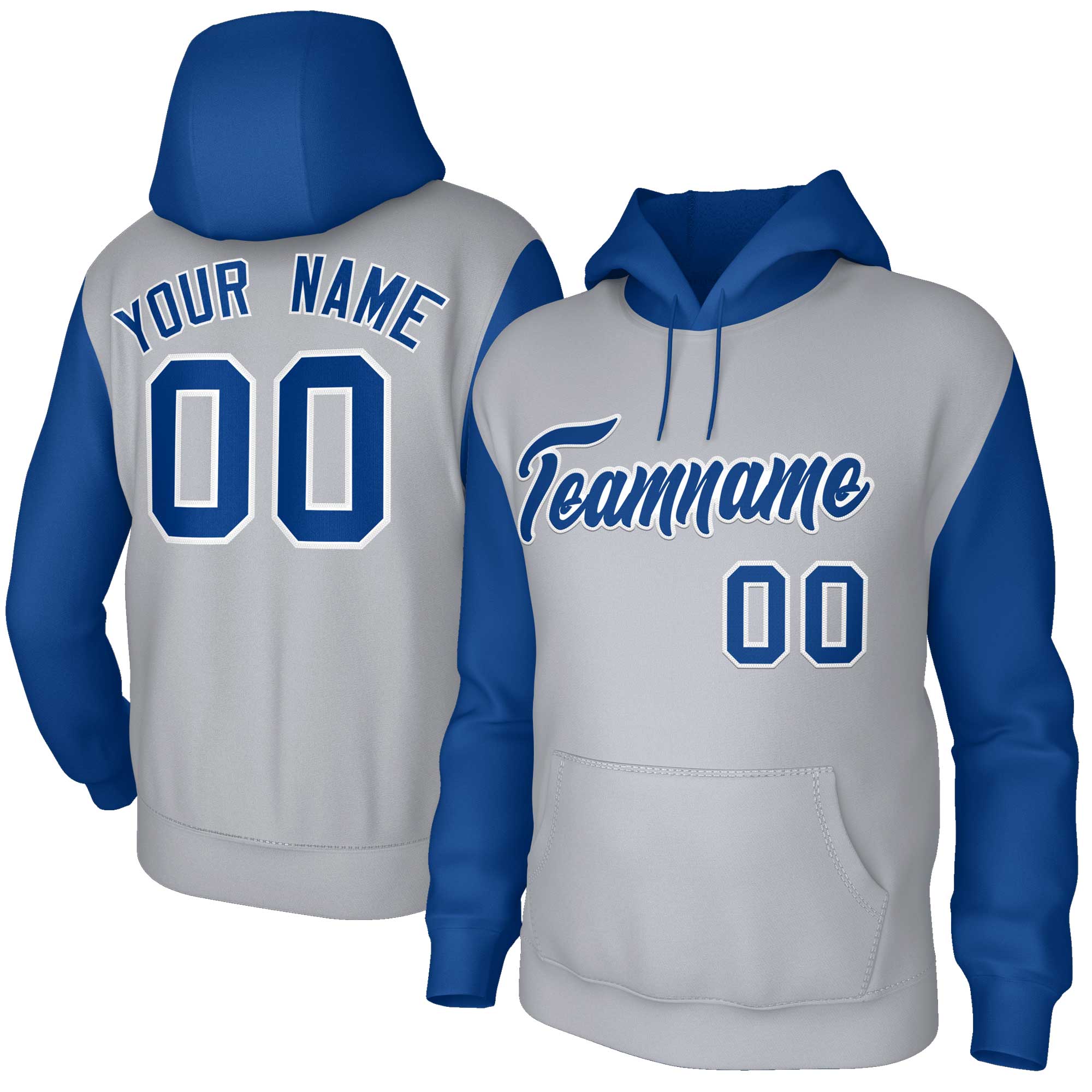 Custom Gray Royal-White Raglan Sleeves Stitched Sportwear Pullover Hoodie
