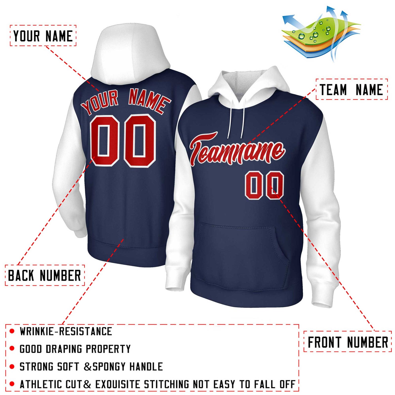 Custom Navy Red-White Raglan Sleeves Stitched Sportwear Pullover Hoodie