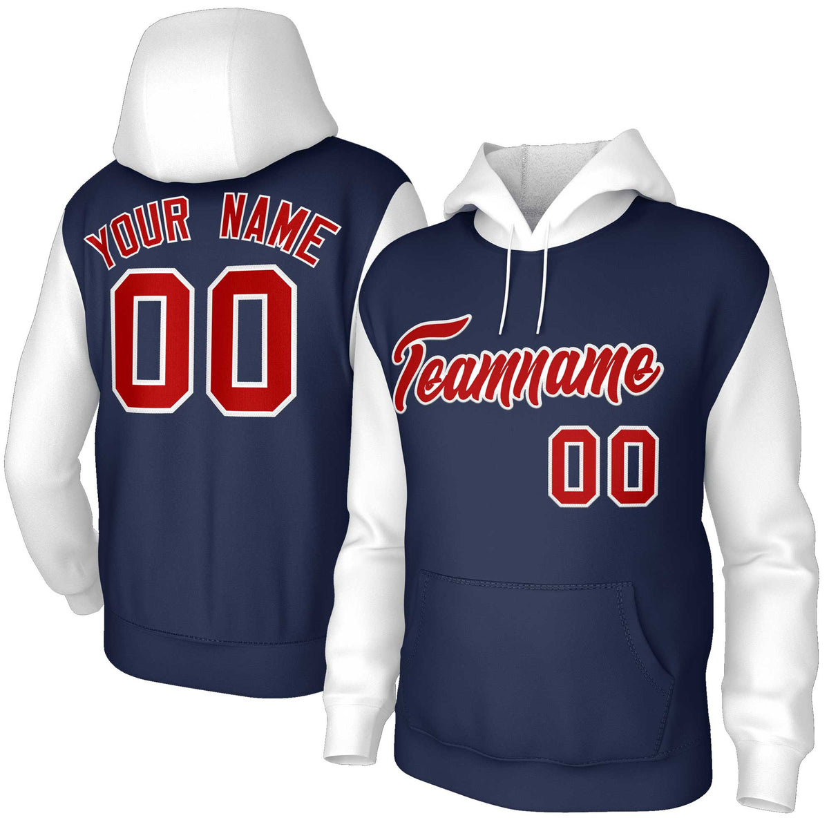 Custom Navy Red-White Raglan Sleeves Stitched Sportwear Pullover Hoodie