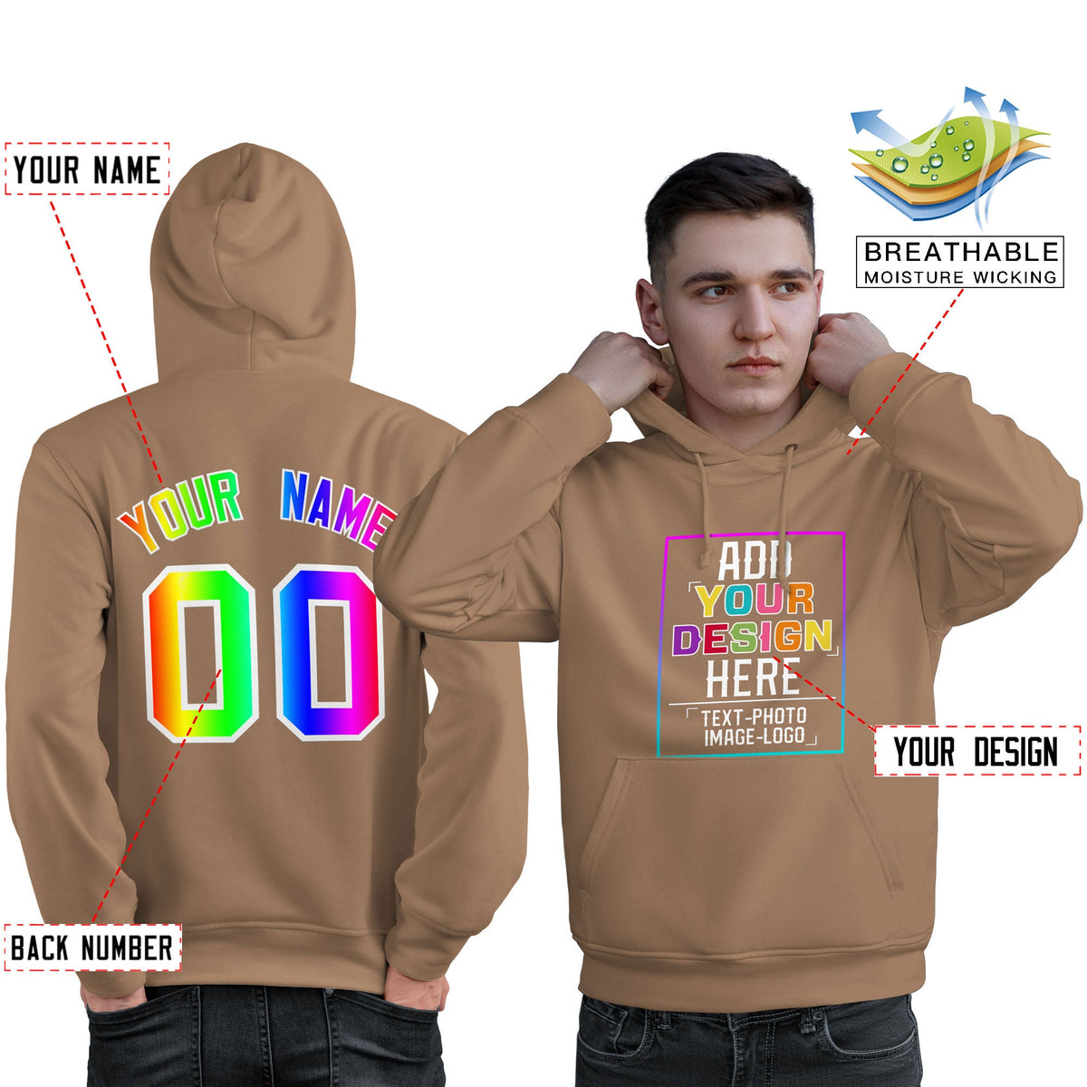 Custom Brown Personalized Rainbow Color Font Team Pullover Sweatshirt Hoodie