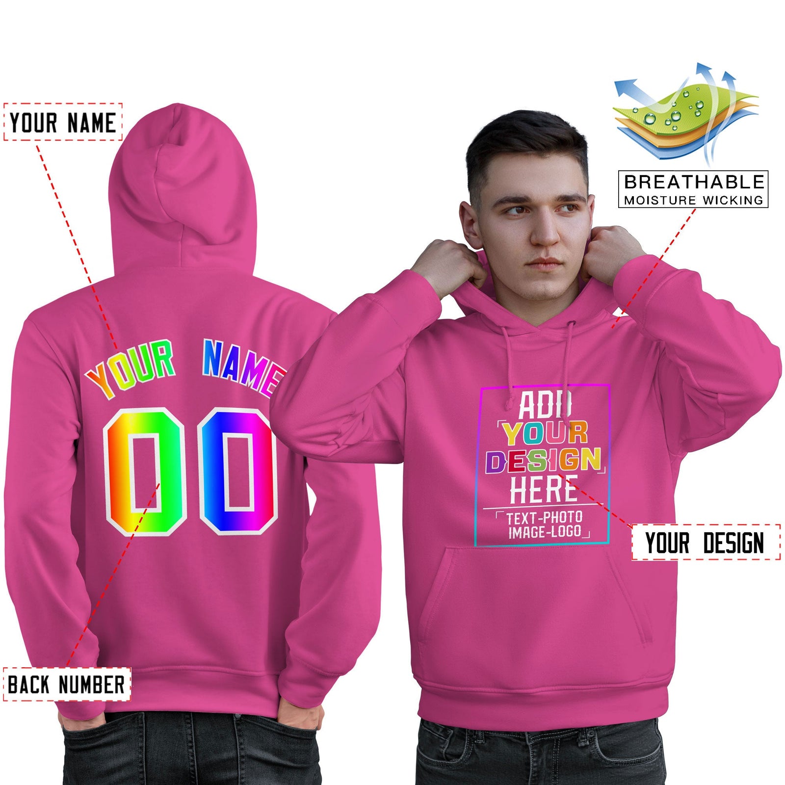 Custom Pink Personalized Rainbow Color Font Team Pullover Sweatshirt Hoodie