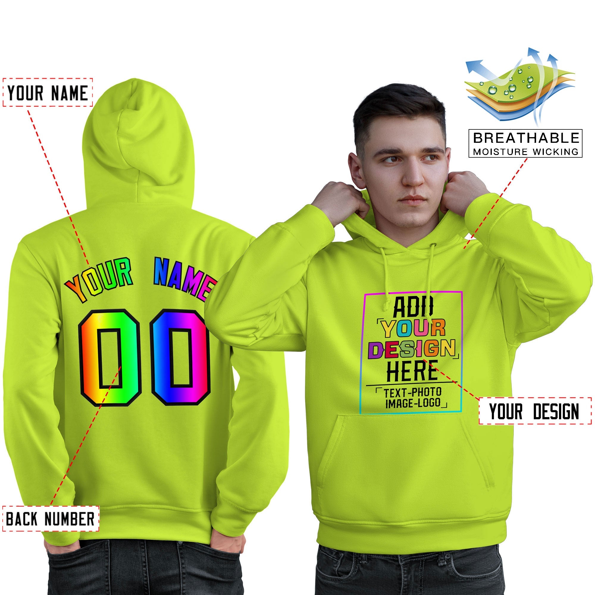 Custom Neon Green Personalized Rainbow Color Font Team Pullover Sweatshirt Hoodie