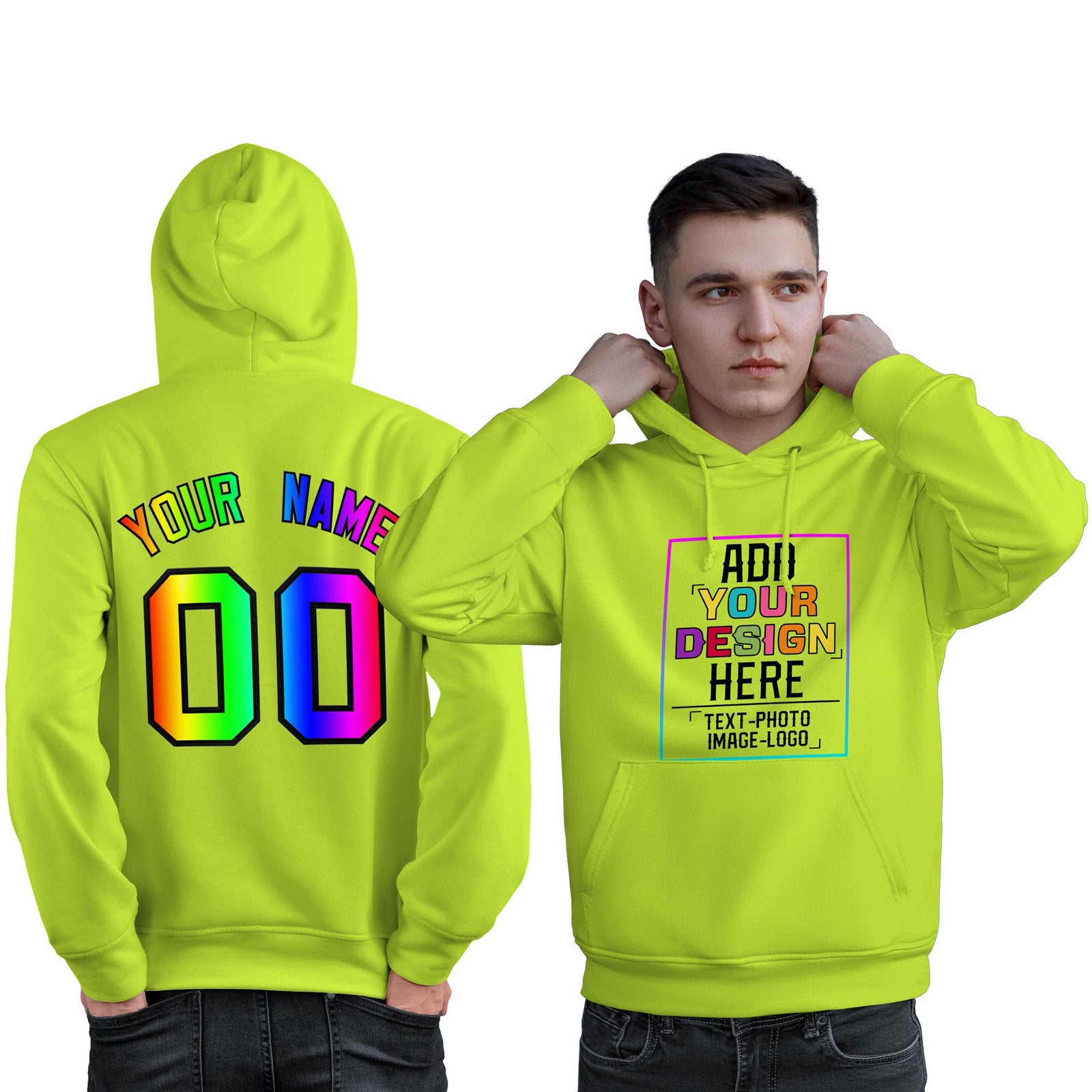 Custom Neon Green Personalized Rainbow Color Font Team Pullover Sweatshirt Hoodie