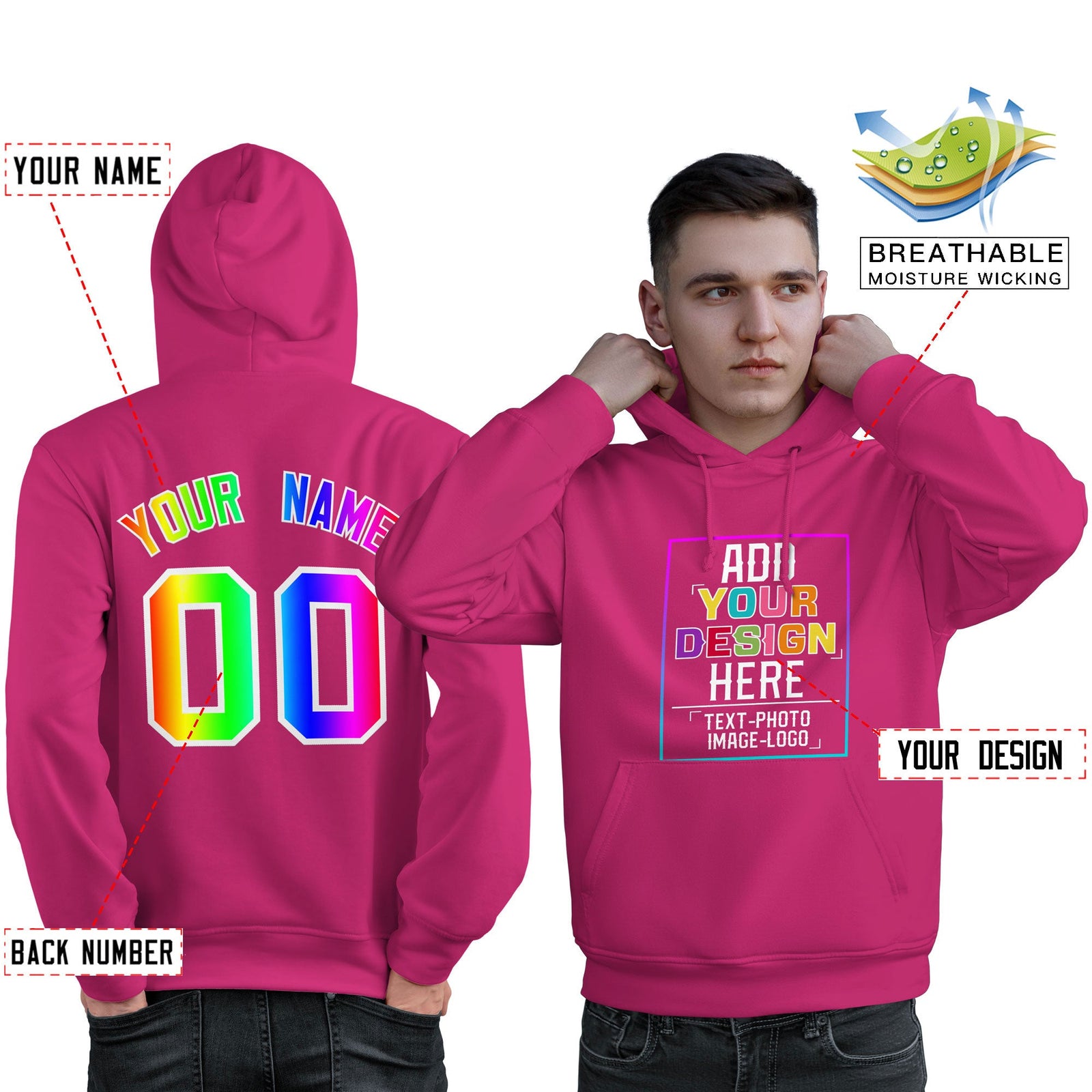 Custom Pink Personalized Rainbow Color Font Team Pullover Sweatshirt Hoodie