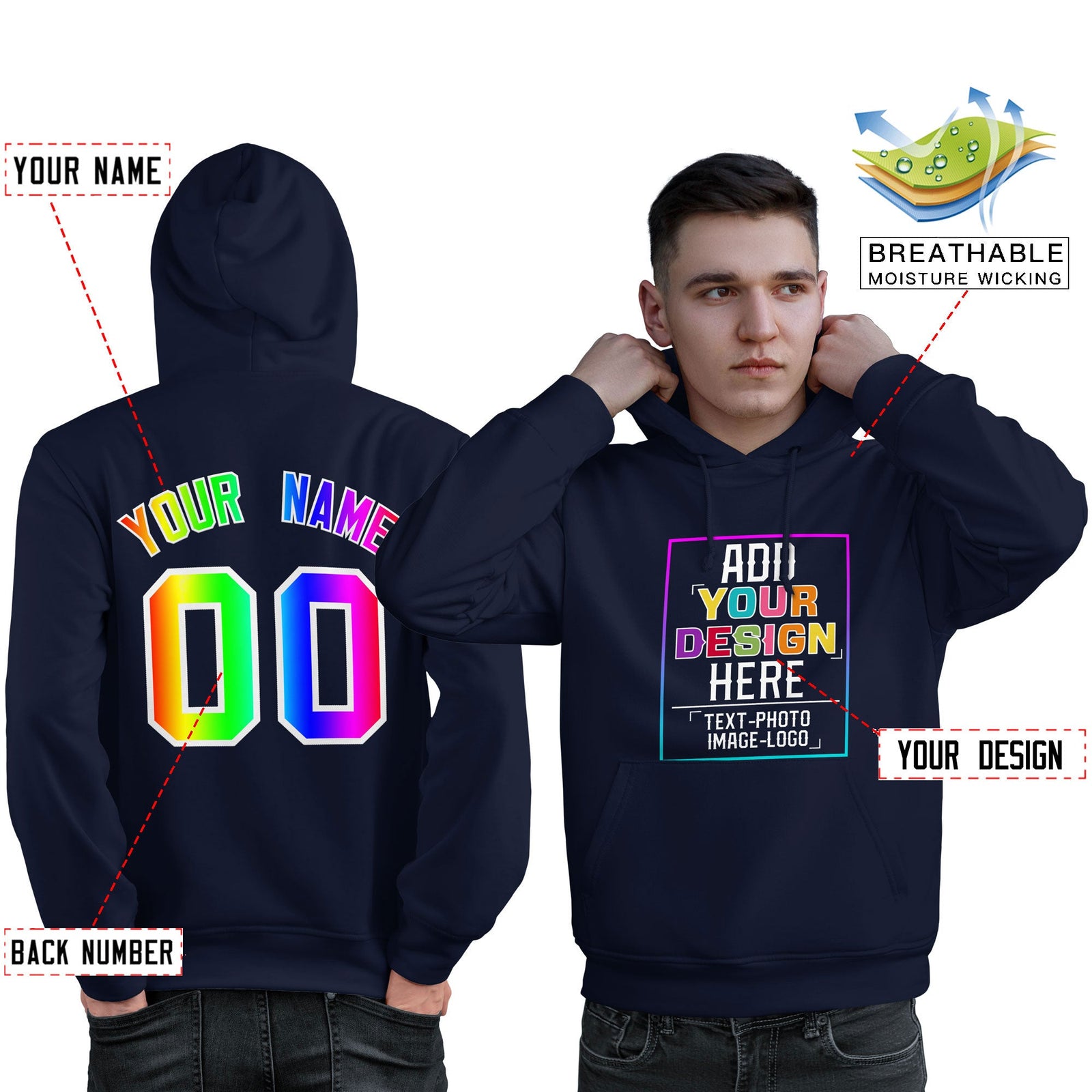 Custom Navy Personalized Rainbow Color Font Team Pullover Sweatshirt Hoodie