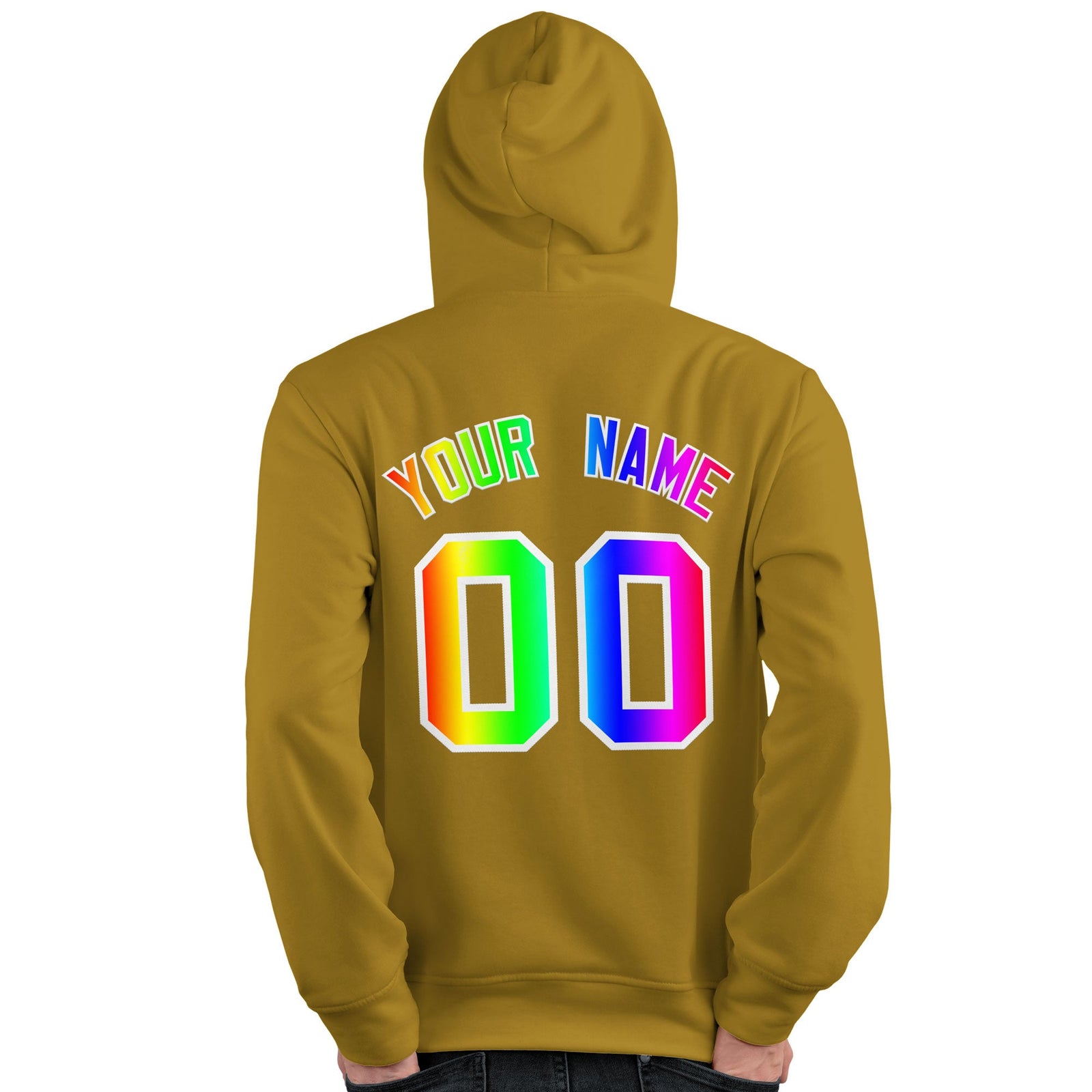 Custom Old Gold Personalized Rainbow Color Font Team Pullover Sweatshirt Hoodie