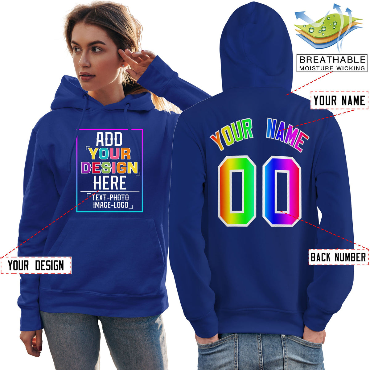 Custom Royal Personalized Rainbow Color Font Team Pullover Sweatshirt Hoodie