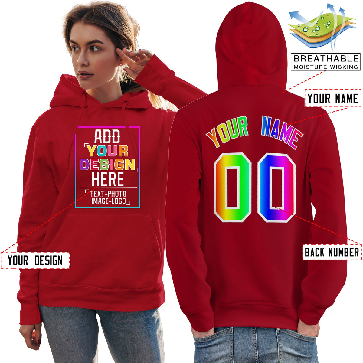Custom Red Personalized Rainbow Color Font Team Pullover Sweatshirt Hoodie