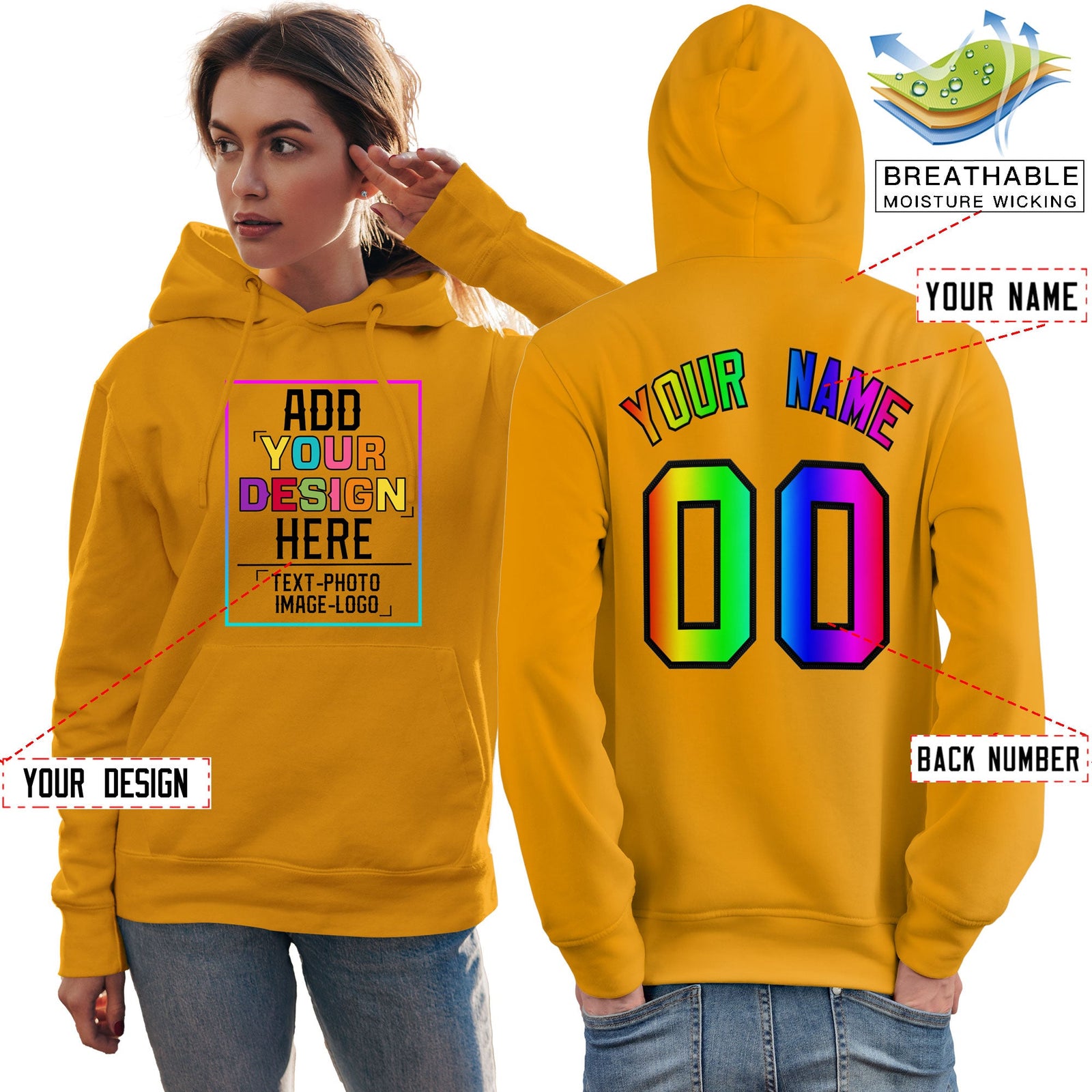 Custom Gold Personalized Rainbow Color Font Team Pullover Sweatshirt Hoodie