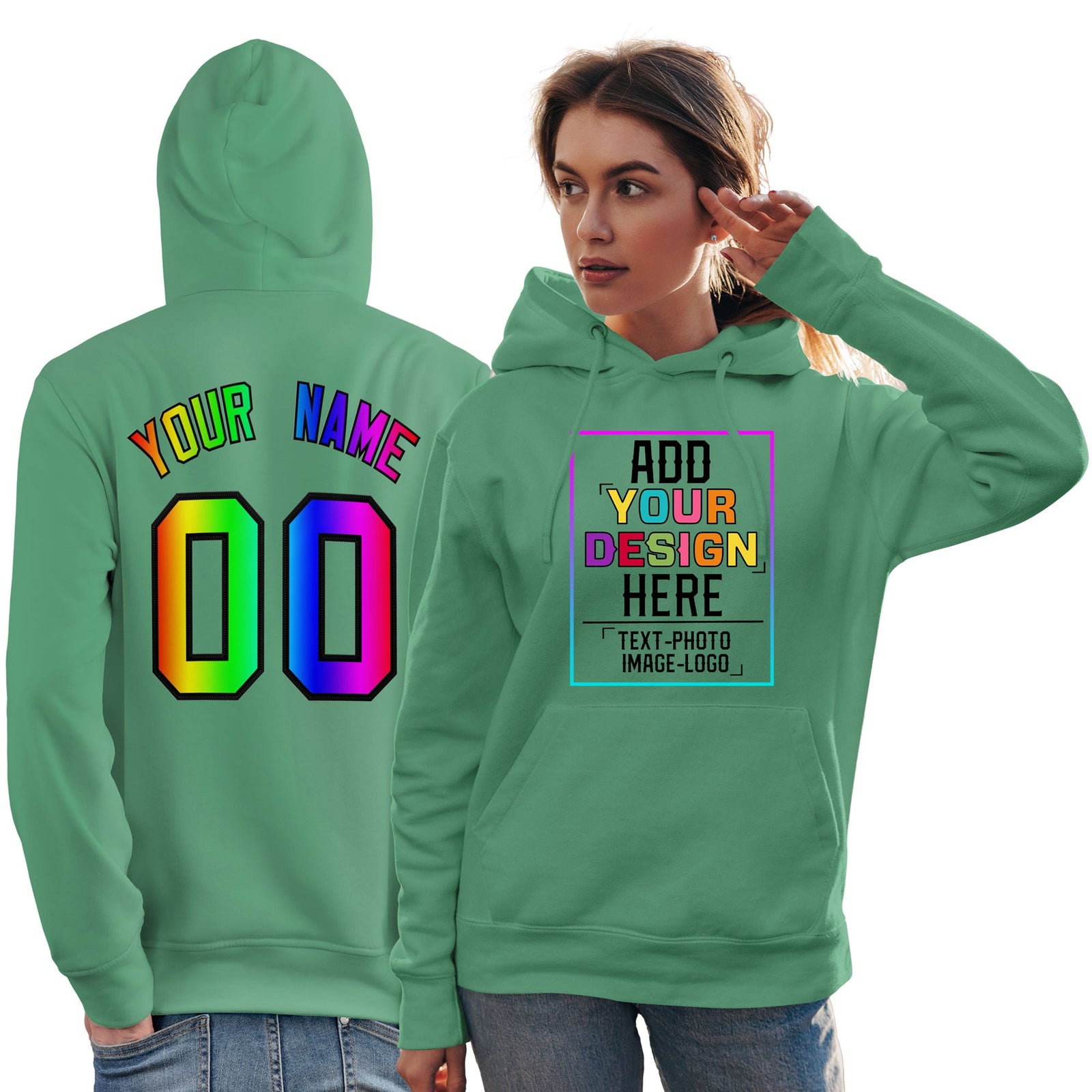 Custom Green Personalized Rainbow Color Font Team Pullover Sweatshirt Hoodie