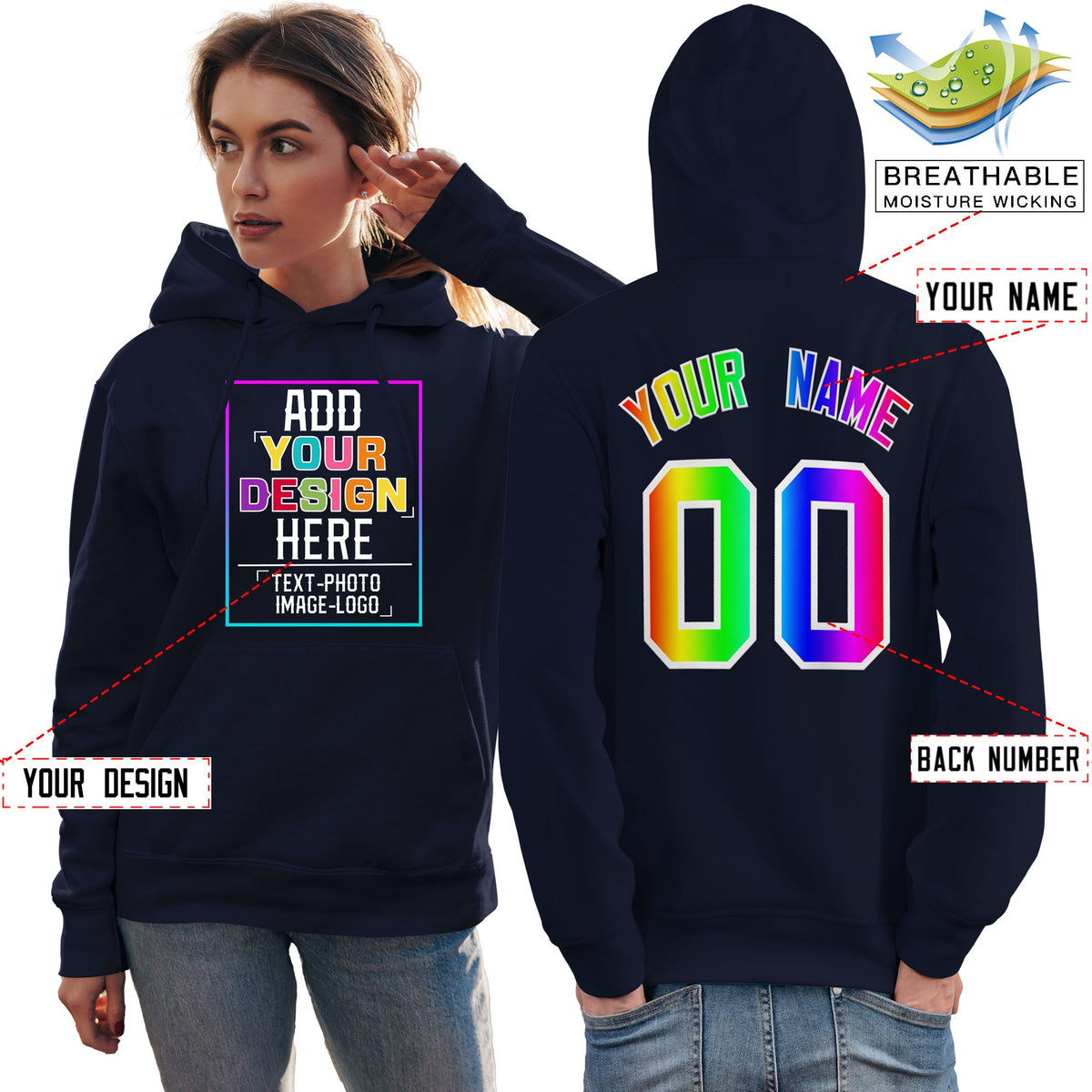 Custom Navy Personalized Rainbow Color Font Team Pullover Sweatshirt Hoodie