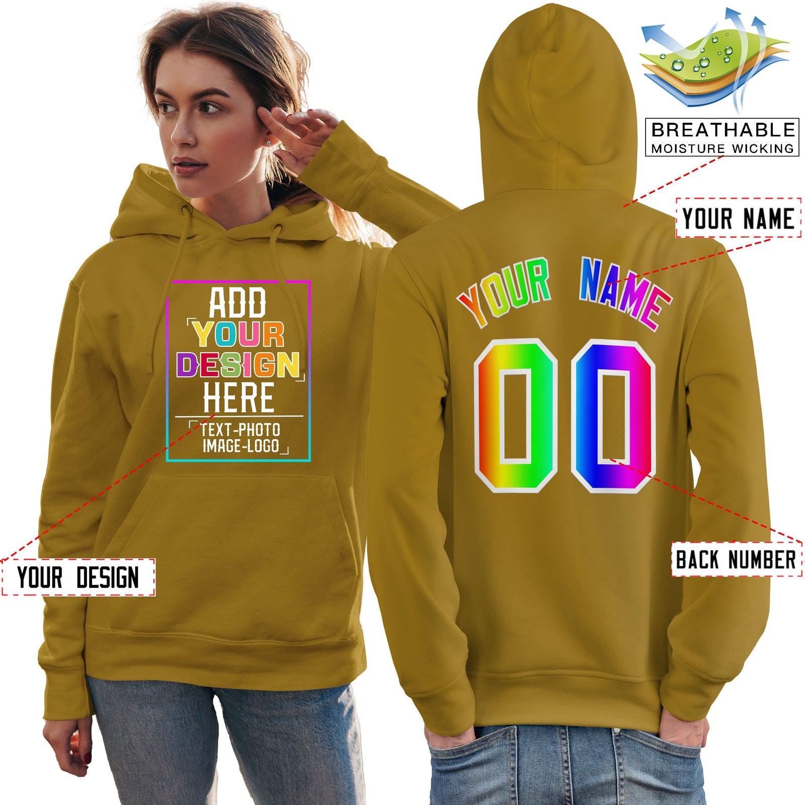 Custom Old Gold Personalized Rainbow Color Font Team Pullover Sweatshirt Hoodie
