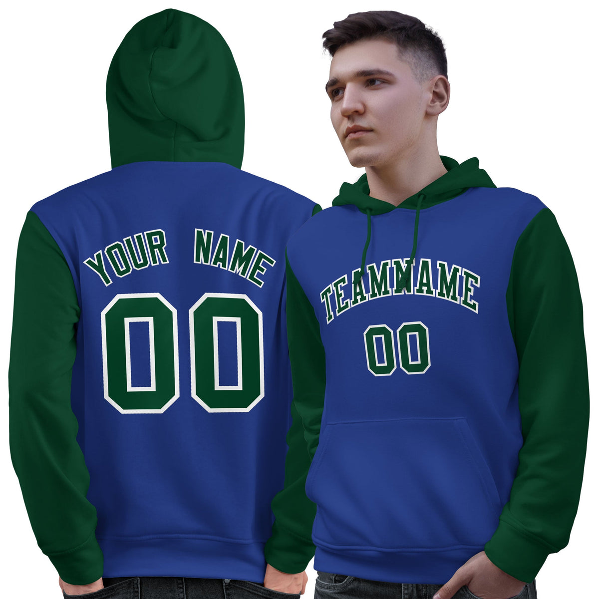Custom Royal Green-White Raglan Sleeves Pullover Personalized Sweatshirt Hoodie