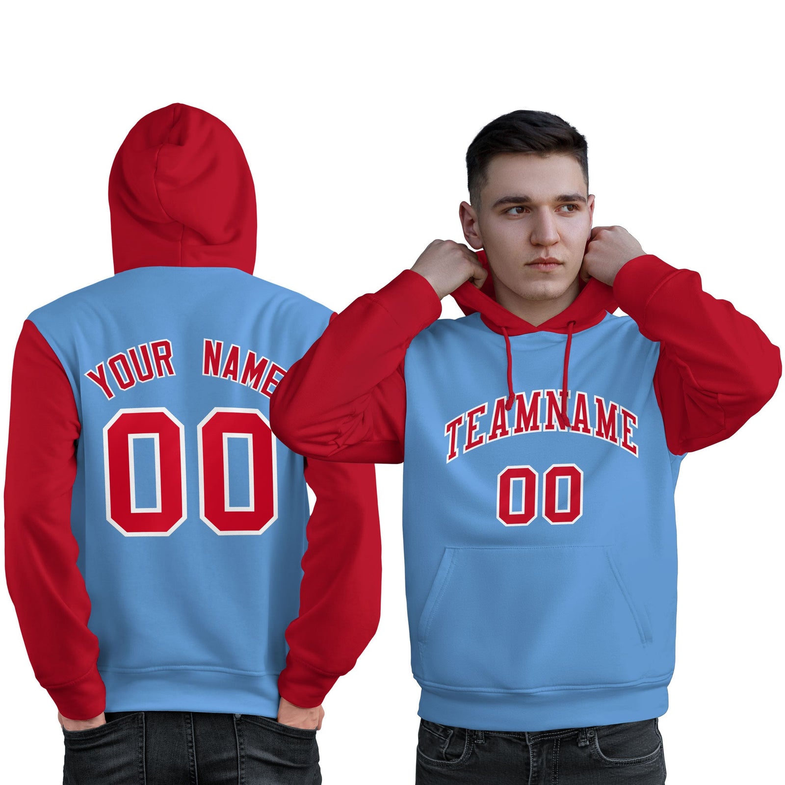 Custom Light Blue Red-White Raglan Sleeves Pullover Personalized Sweatshirt Hoodie