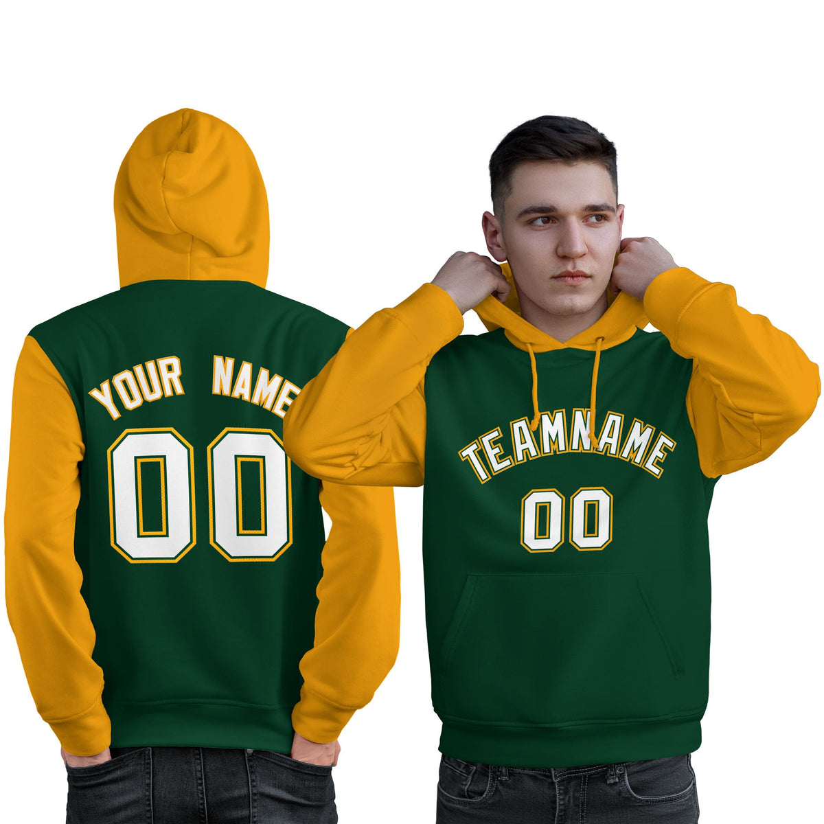 Custom Green White-Gold Raglan Sleeves Pullover Personalized Sweatshirt Hoodie