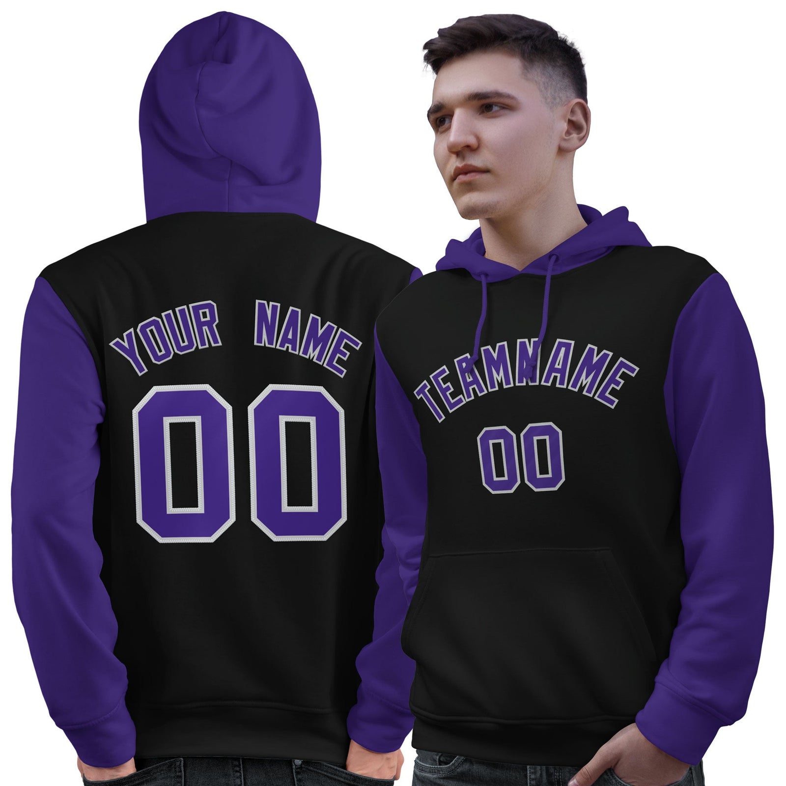 Custom Black Purple-Gray Raglan Sleeves Pullover Personalized Sweatshirt Hoodie