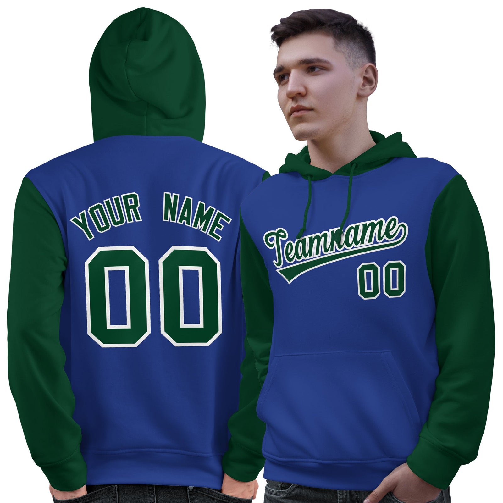 Custom Royal Green-White Raglan Sleeves Pullover Personalized Sweatshirt Hoodie