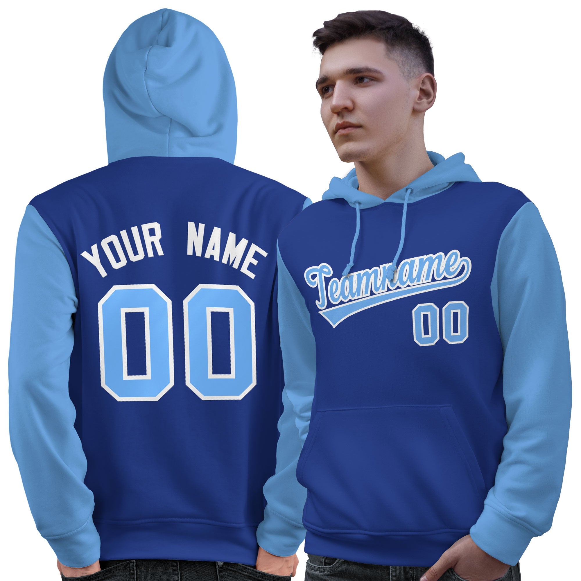 Custom Royal Light Blue-White Raglan Sleeves Pullover Personalized Sweatshirt Hoodie