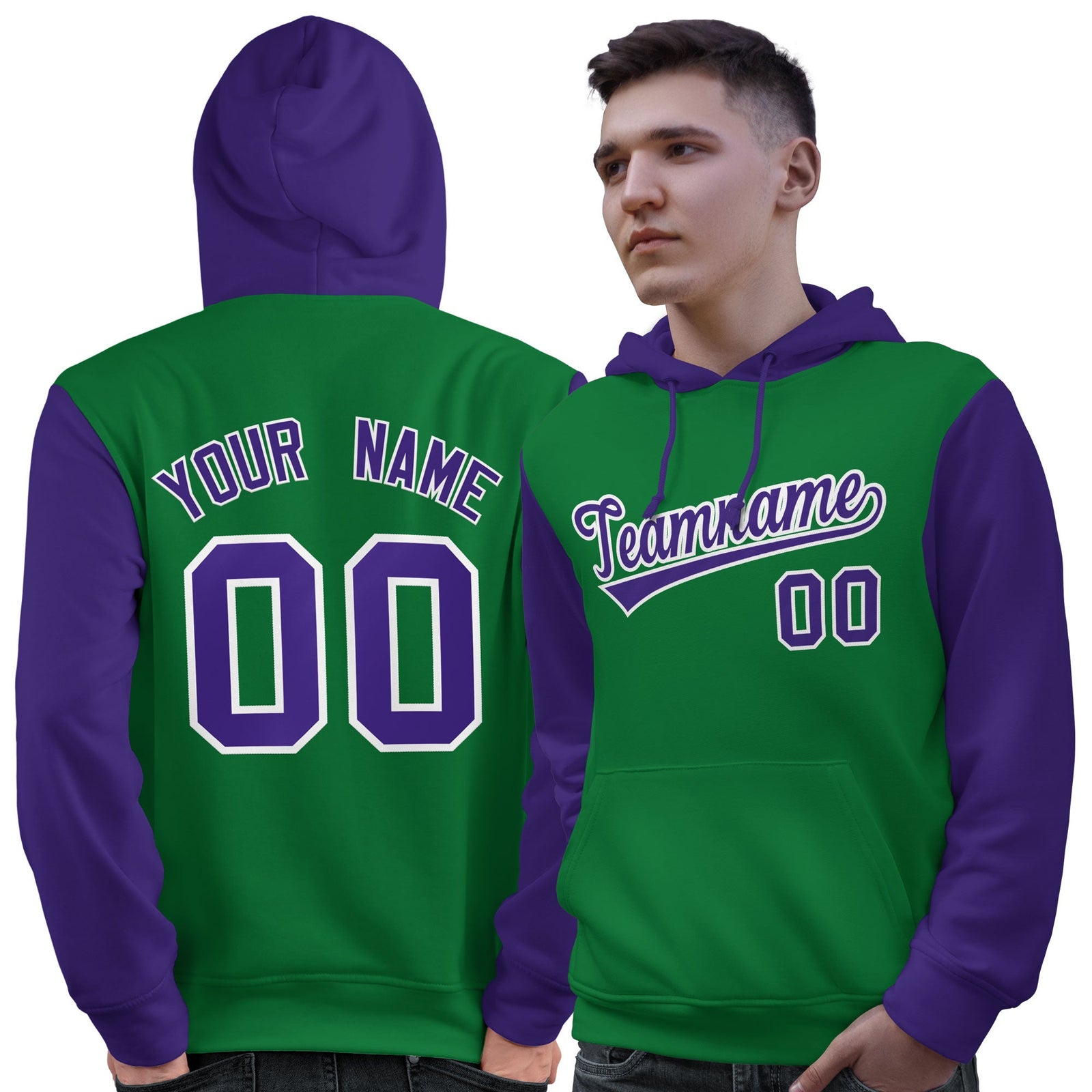 Custom Kelly Green Purple-White Raglan Sleeves Pullover Personalized Sweatshirt Hoodie