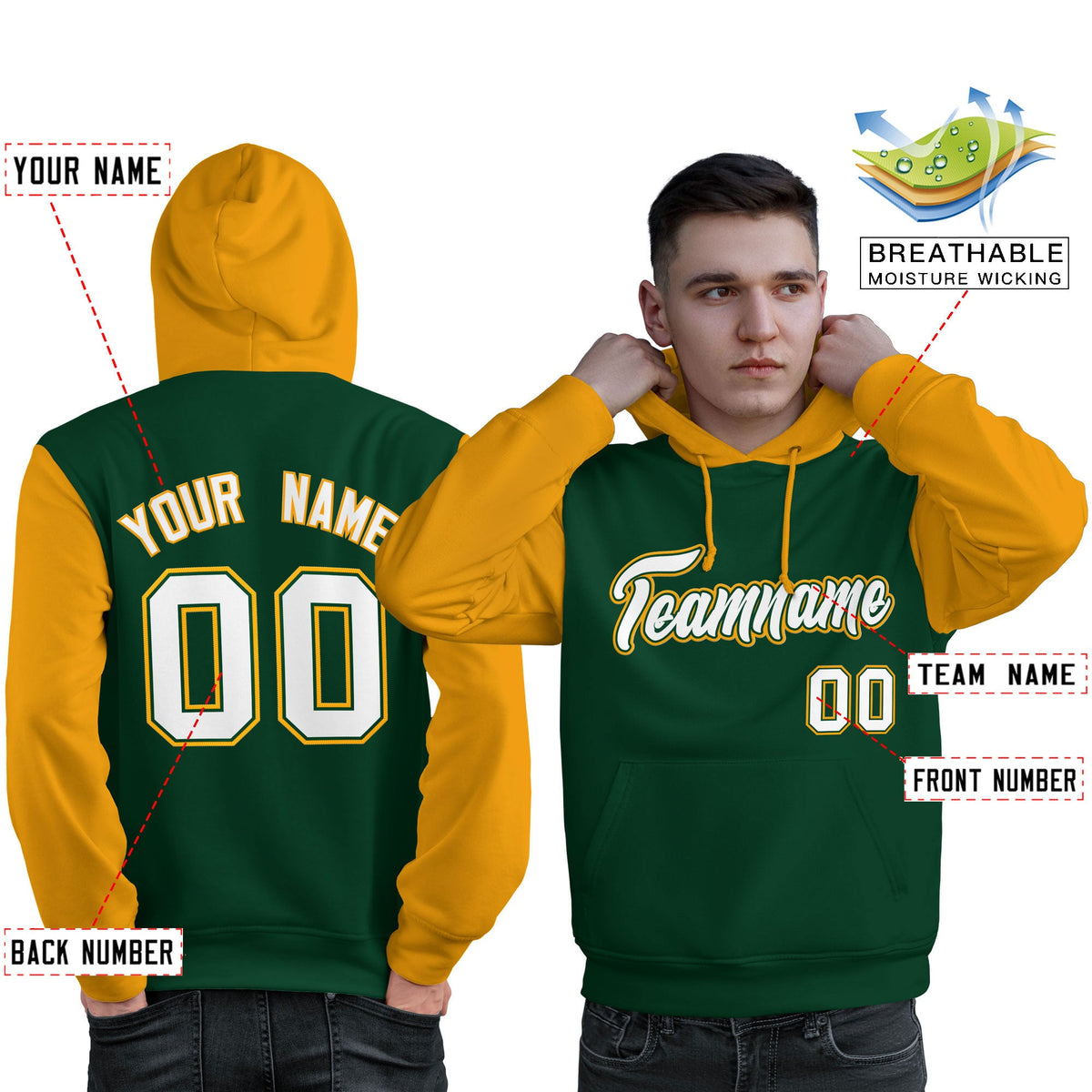 Custom Green White-Gold Raglan Sleeves Pullover Personalized Sweatshirt Hoodie