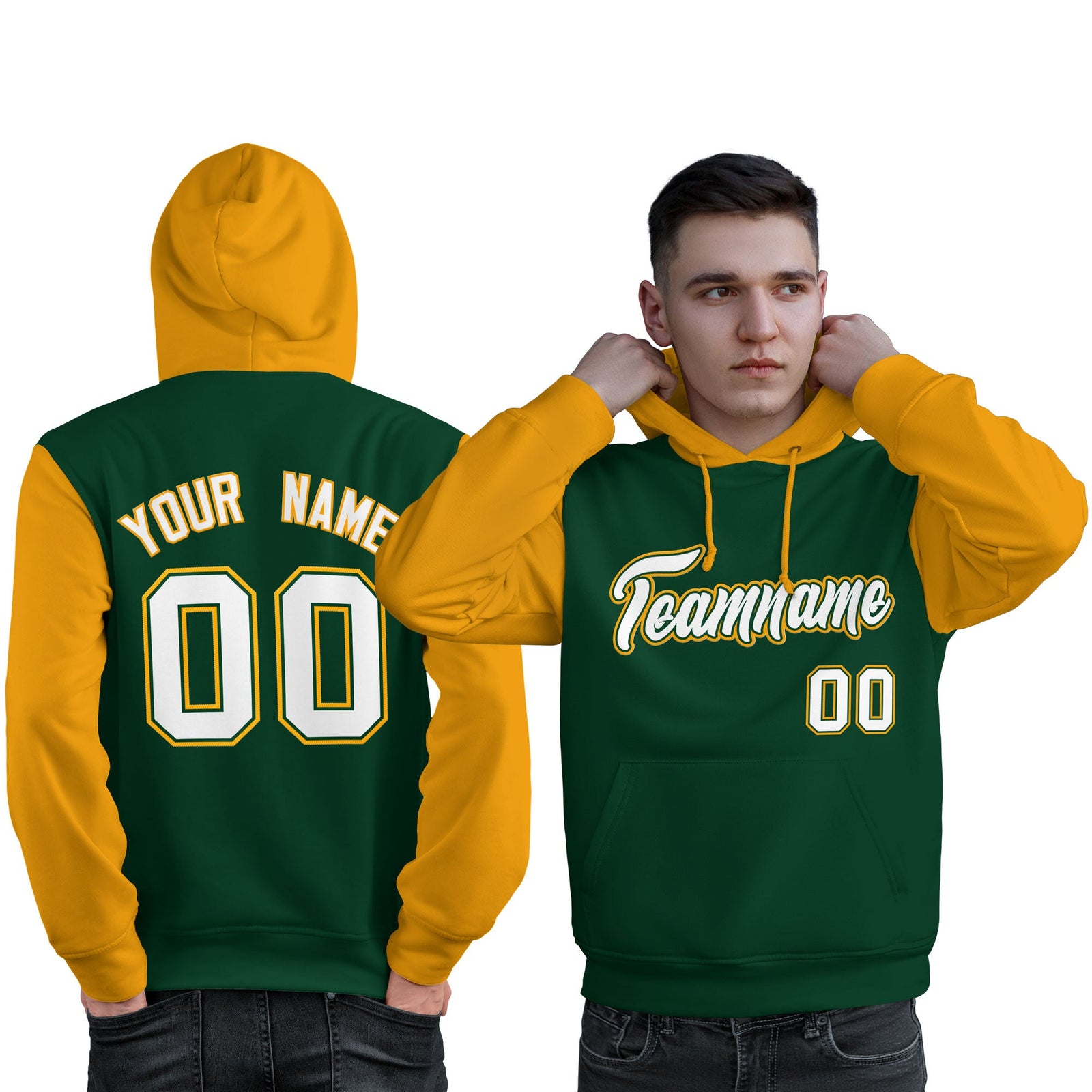 Custom Green White-Gold Raglan Sleeves Pullover Personalized Sweatshirt Hoodie