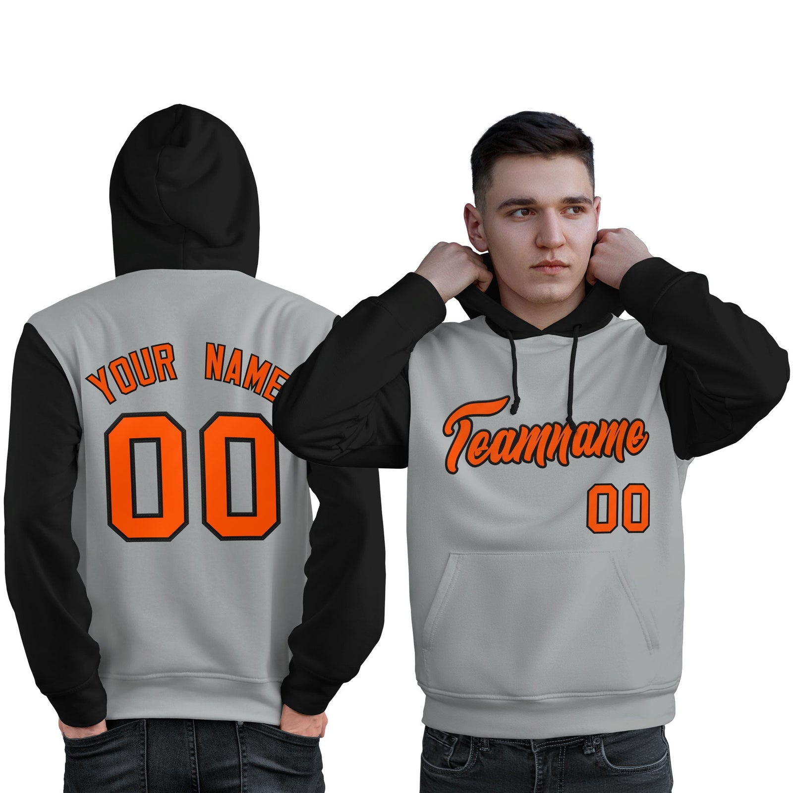 Custom Gray Orange-Black Raglan Sleeves Pullover Personalized Sweatshirt Hoodie