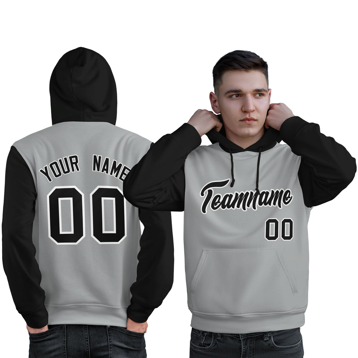 Custom Gray Black-White Raglan Sleeves Pullover Personalized Sweatshirt Hoodie