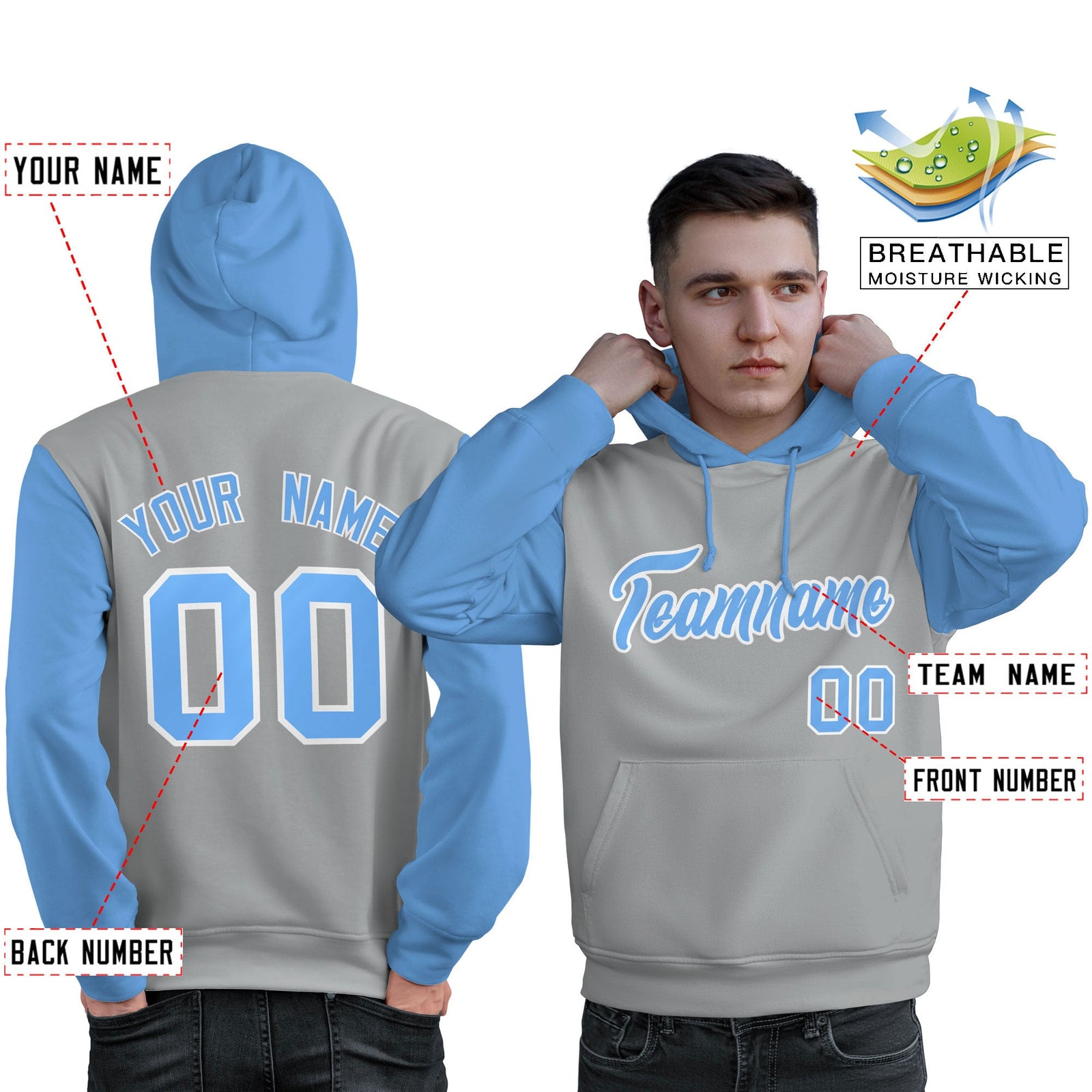Custom Gray Light Blue-White Raglan Sleeves Pullover Personalized Sweatshirt Hoodie
