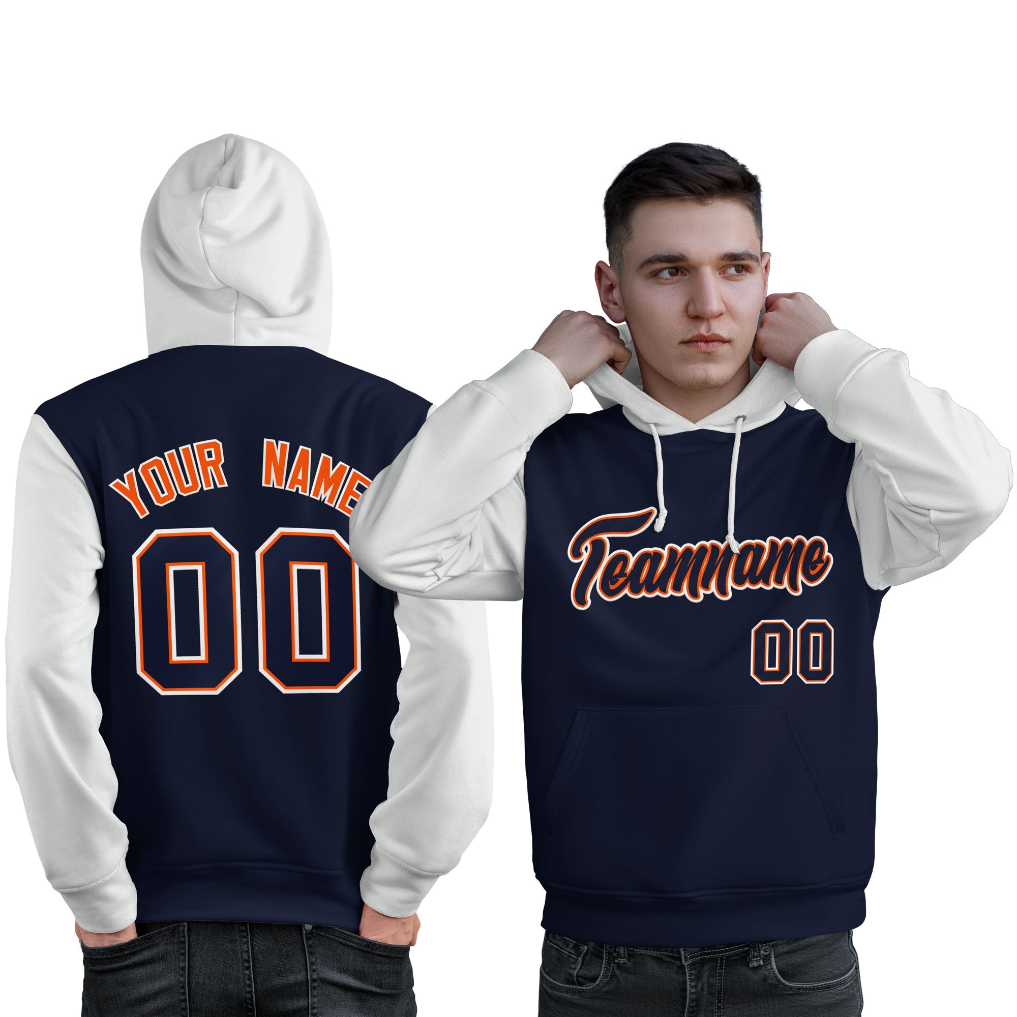Custom Navy Orange-White Raglan Sleeves Pullover Personalized Sweatshirt Hoodie