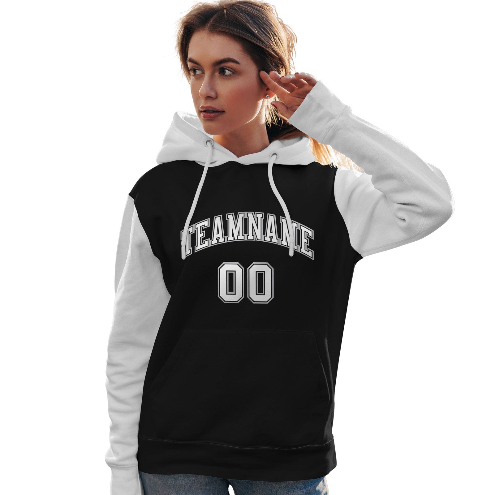 Custom Black White-Gray Raglan Sleeves Pullover Personalized Team Sweatshirt Hoodie