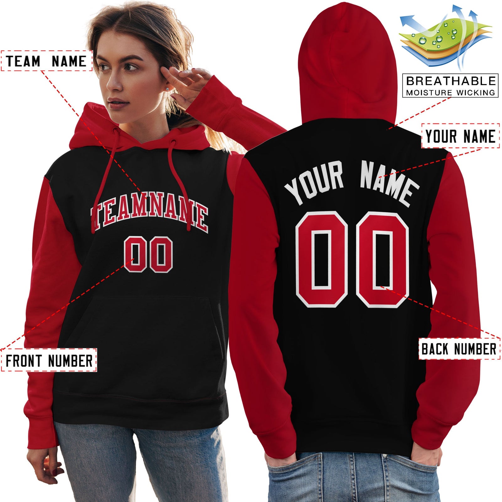 Custom Black Red-White Raglan Sleeves Pullover Personalized Team Sweatshirt Hoodie