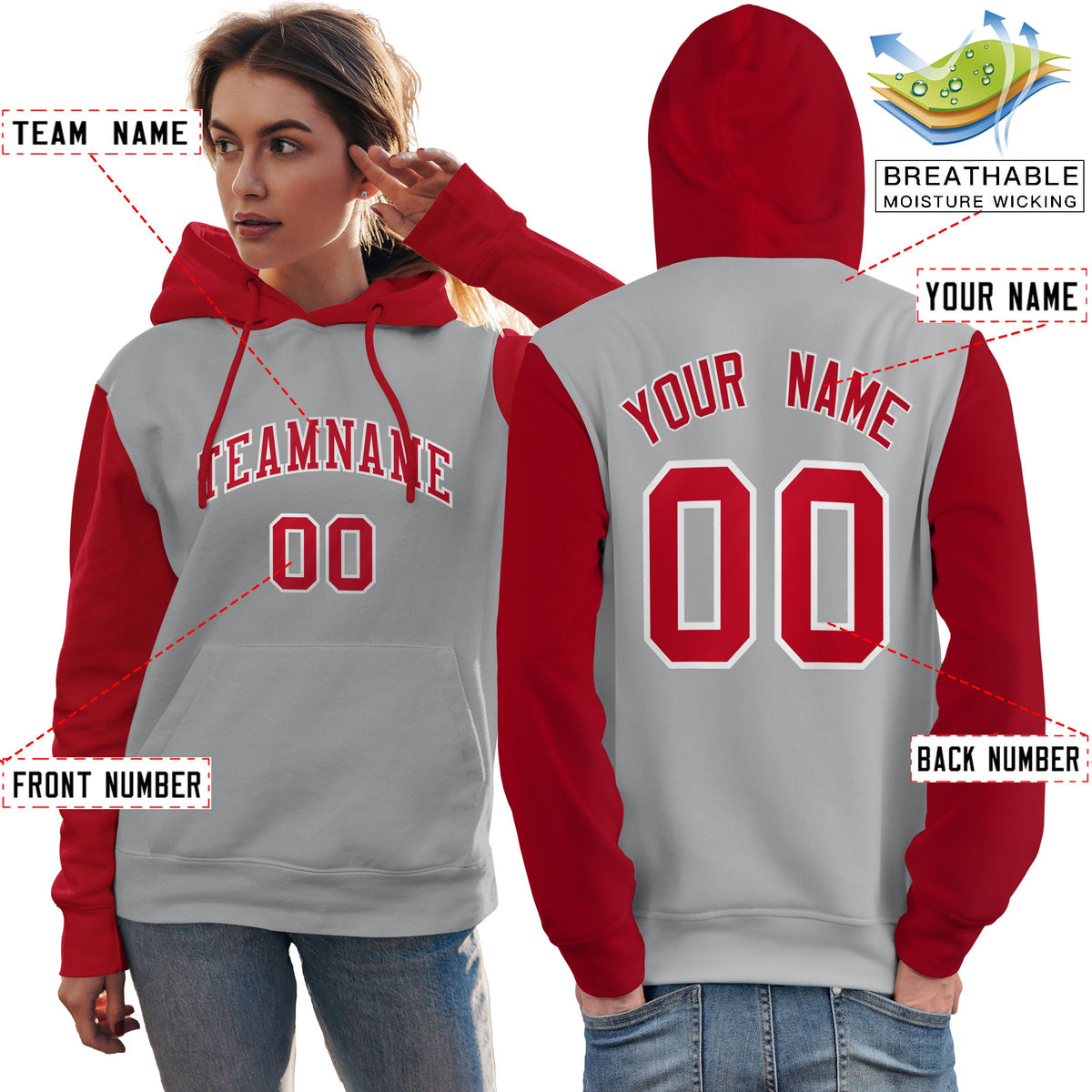 Custom Gray Red-White Raglan Sleeves Pullover Personalized Team Sweatshirt Hoodie