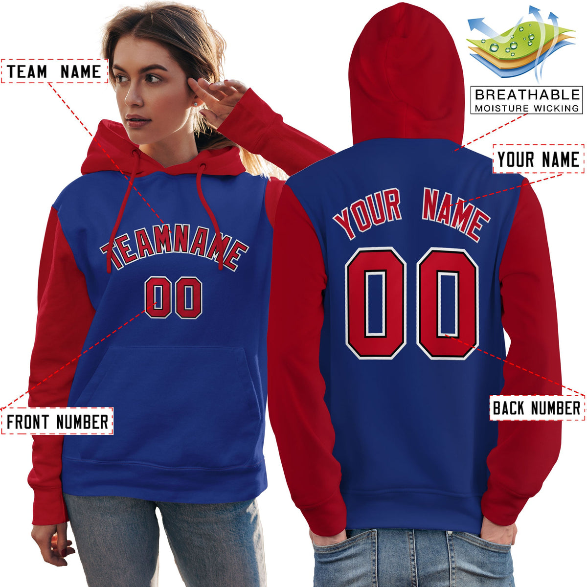 Custom Royal Red-White Raglan Sleeves Pullover Personalized Team Sweatshirt Hoodie