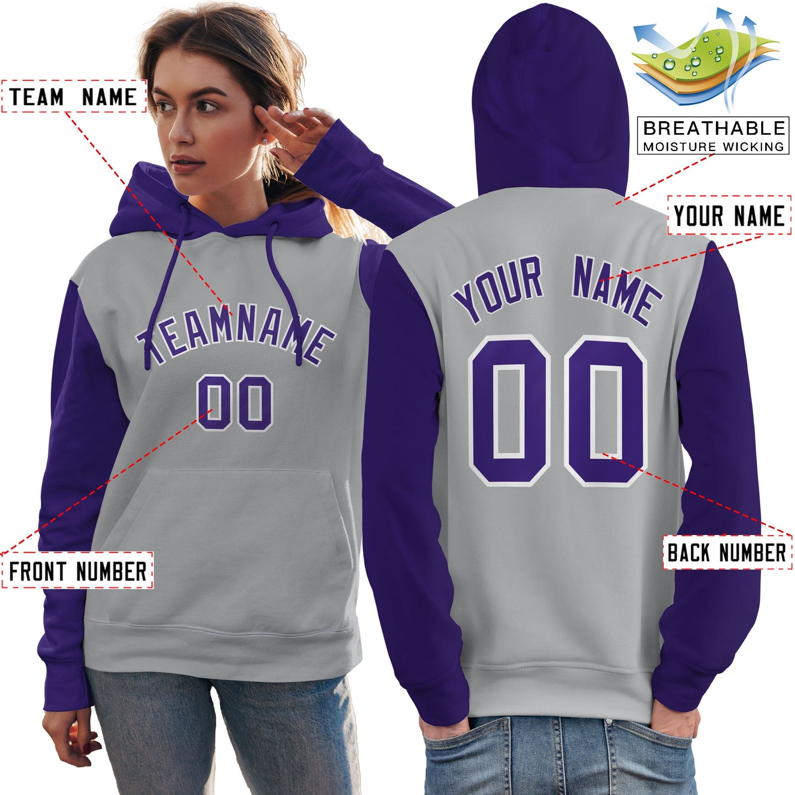 Custom Gray Purple-White Raglan Sleeves Pullover Personalized Team Sweatshirt Hoodie