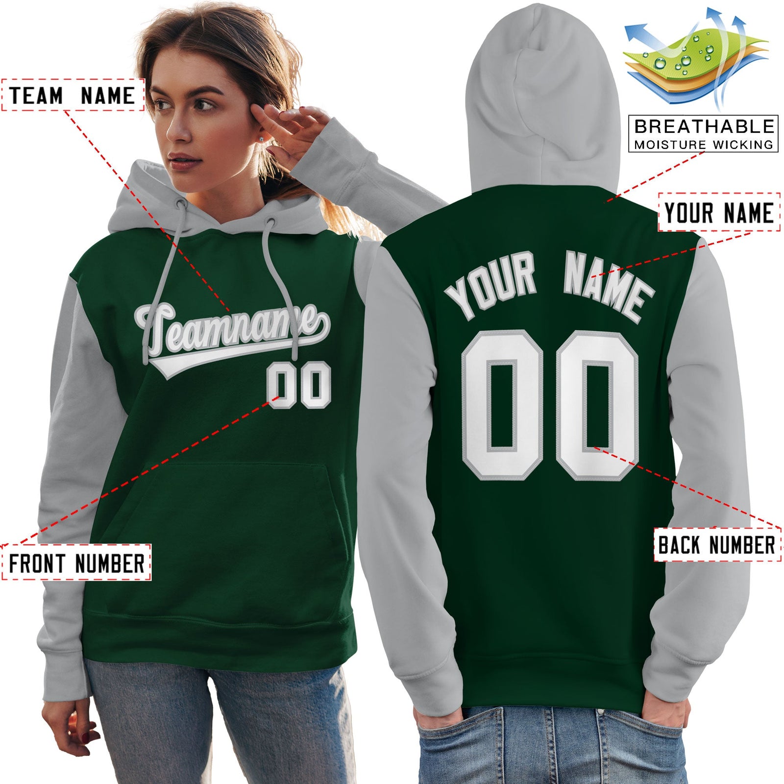 Custom Green White-Gray Raglan Sleeves Pullover Personalized Team Sweatshirt Hoodie