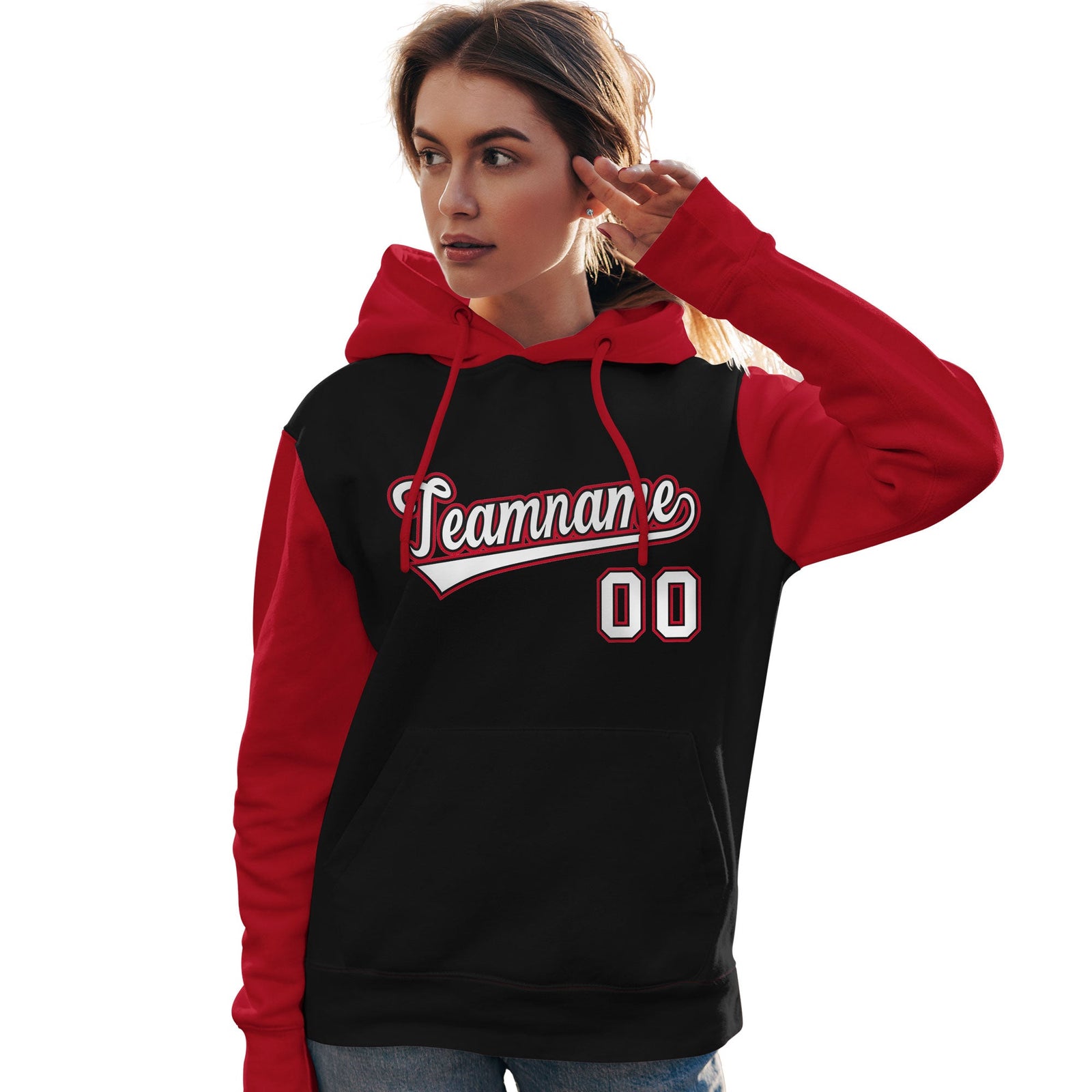 Custom Black White-Red Raglan Sleeves Pullover Personalized Team Sweatshirt Hoodie
