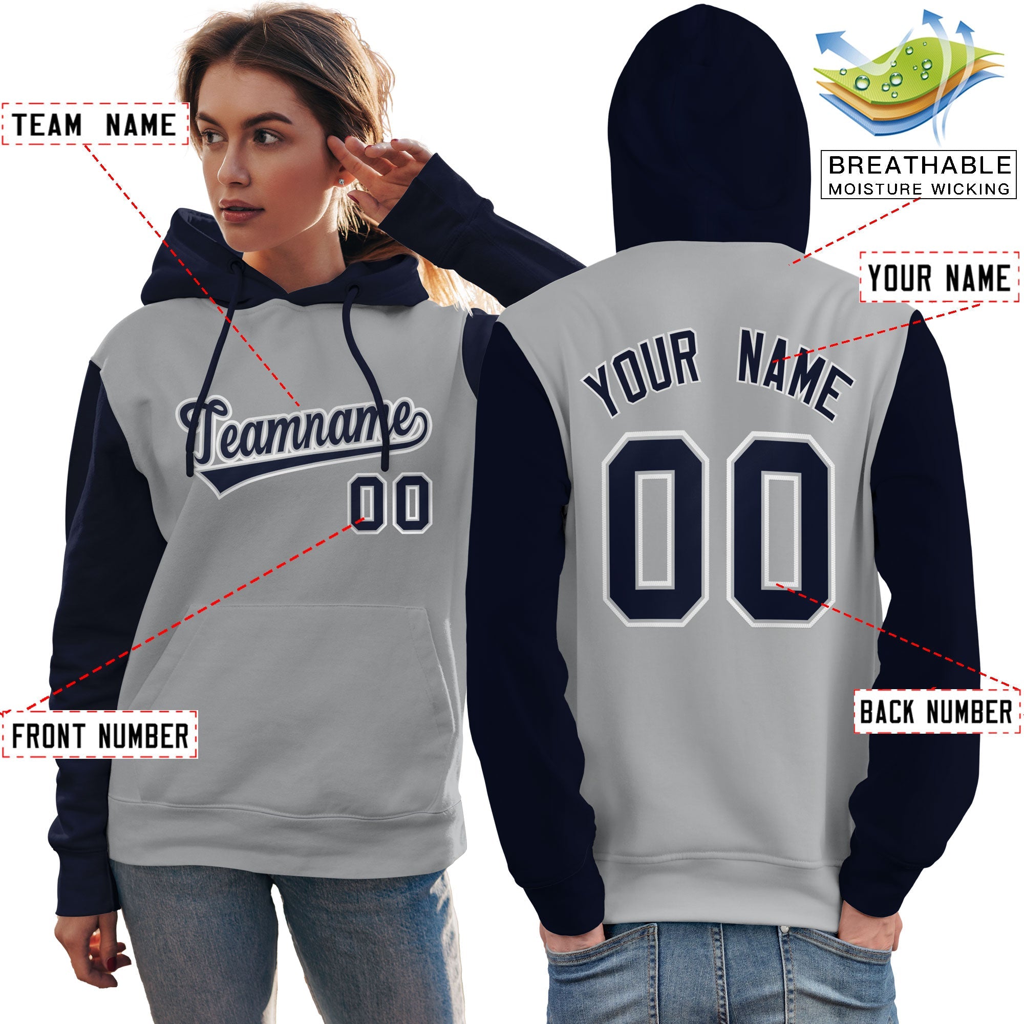 Custom Gray Navy-White Raglan Sleeves Pullover Personalized Team Sweatshirt Hoodie