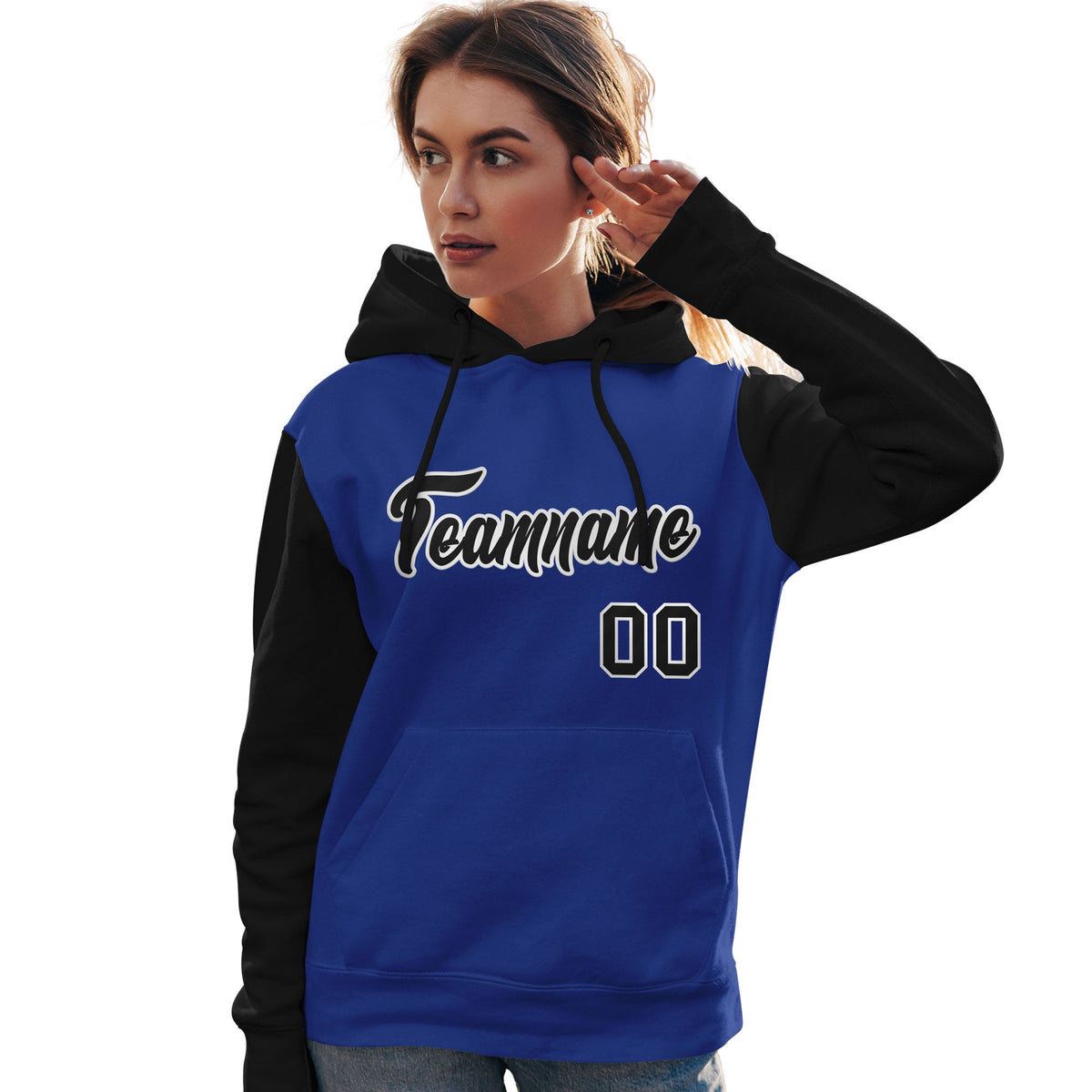 Custom Royal Black-White Raglan Sleeves Pullover Personalized Team Sweatshirt Hoodie