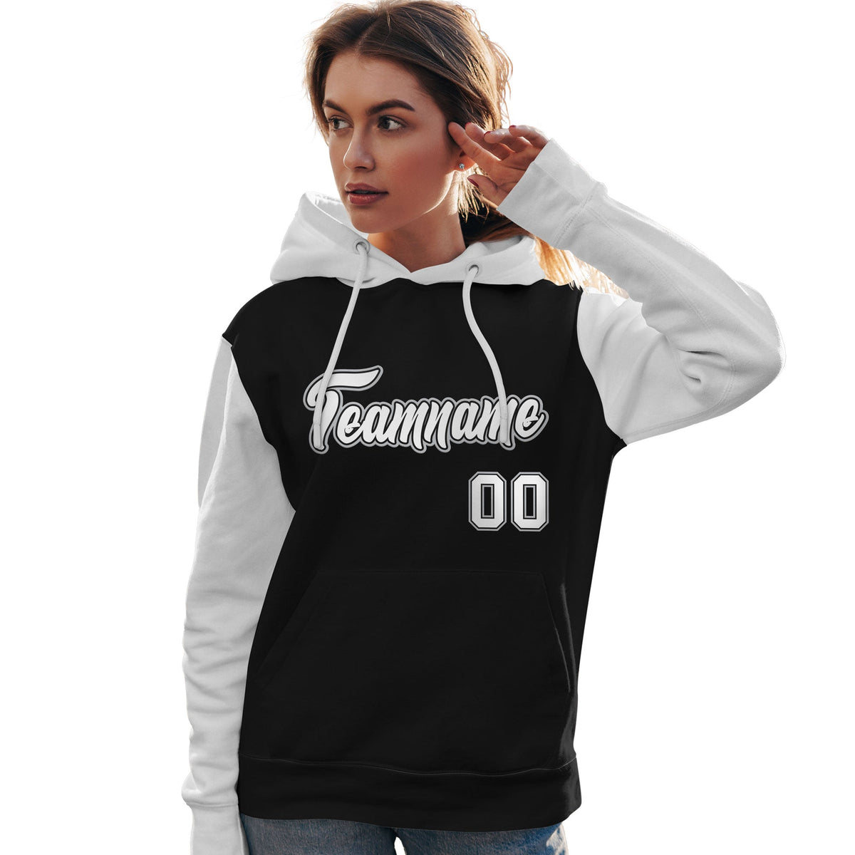 Custom Black White-Gray Raglan Sleeves Pullover Personalized Team Sweatshirt Hoodie