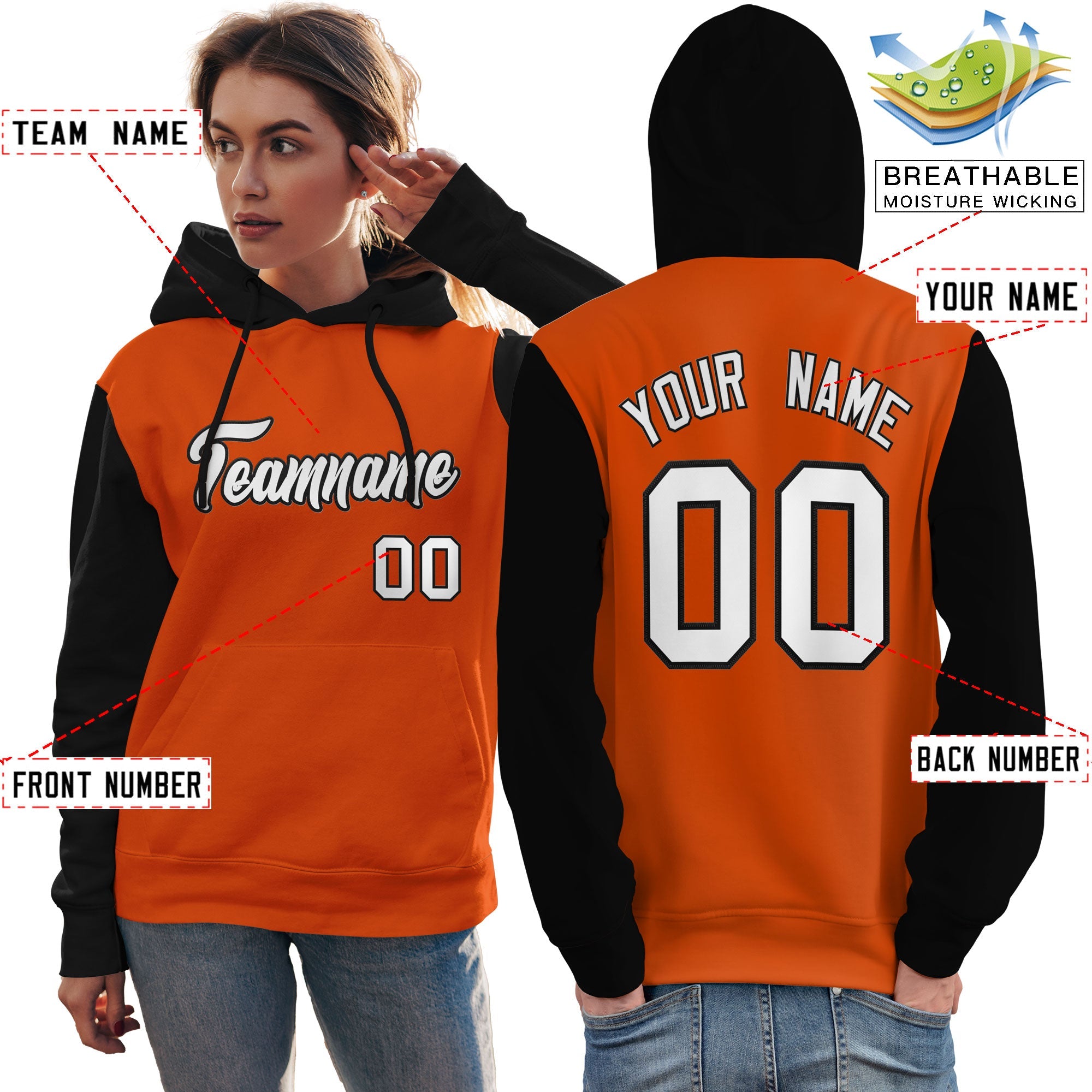 Custom Orange White-Black Raglan Sleeves Pullover Personalized Team Sweatshirt Hoodie