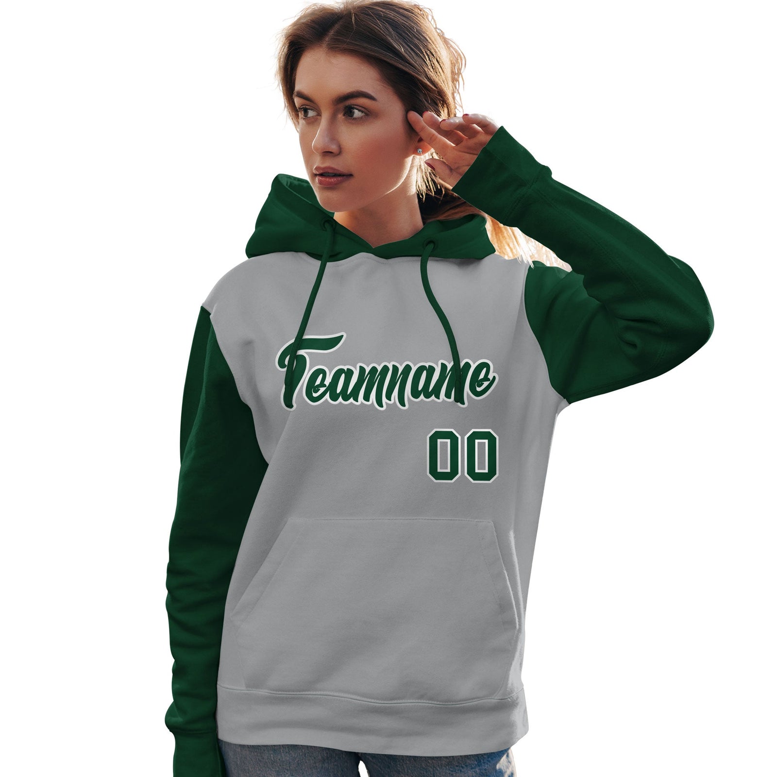Custom Gray Green-White Raglan Sleeves Pullover Personalized Team Sweatshirt Hoodie