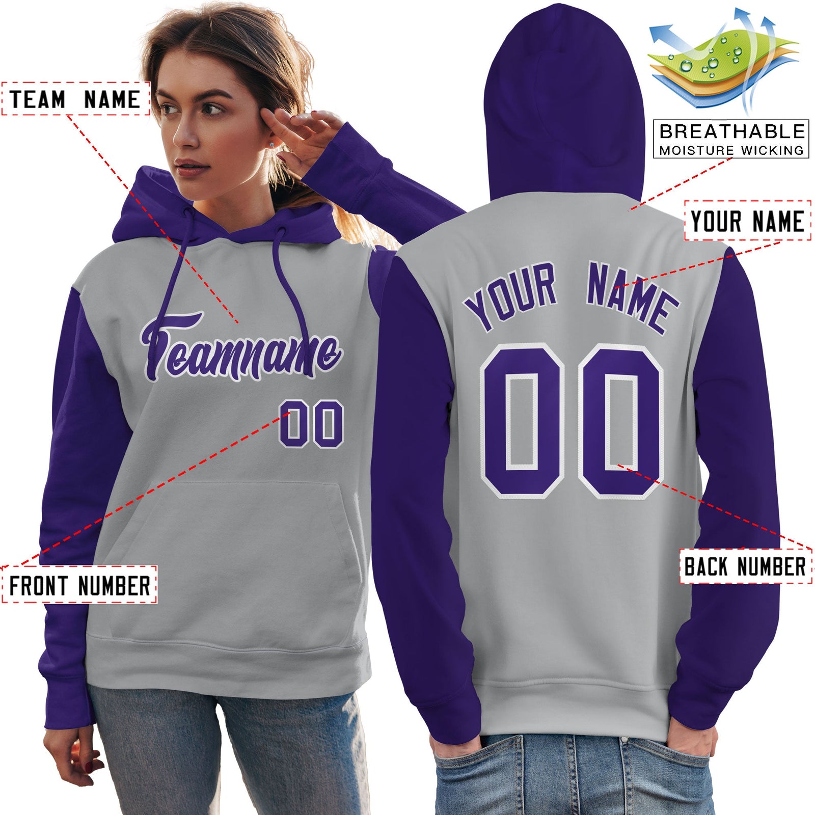 Custom Gray Purple-White Raglan Sleeves Pullover Personalized Team Sweatshirt Hoodie
